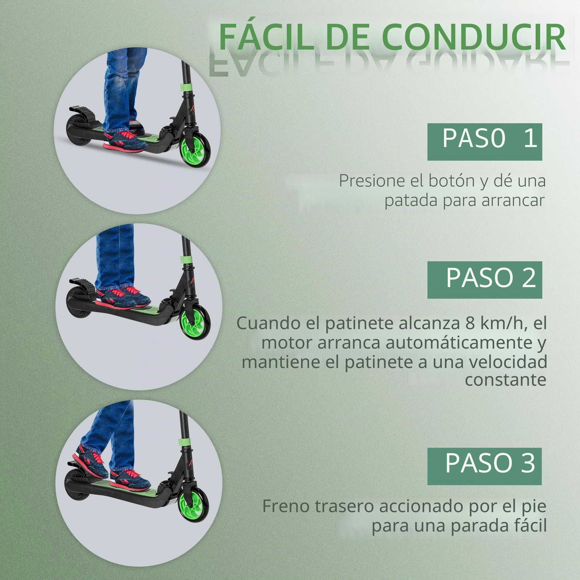 HOMCOM E-Scooter 120W Motor para Edad 6+ Autonomía 6 km Verde+Blanco