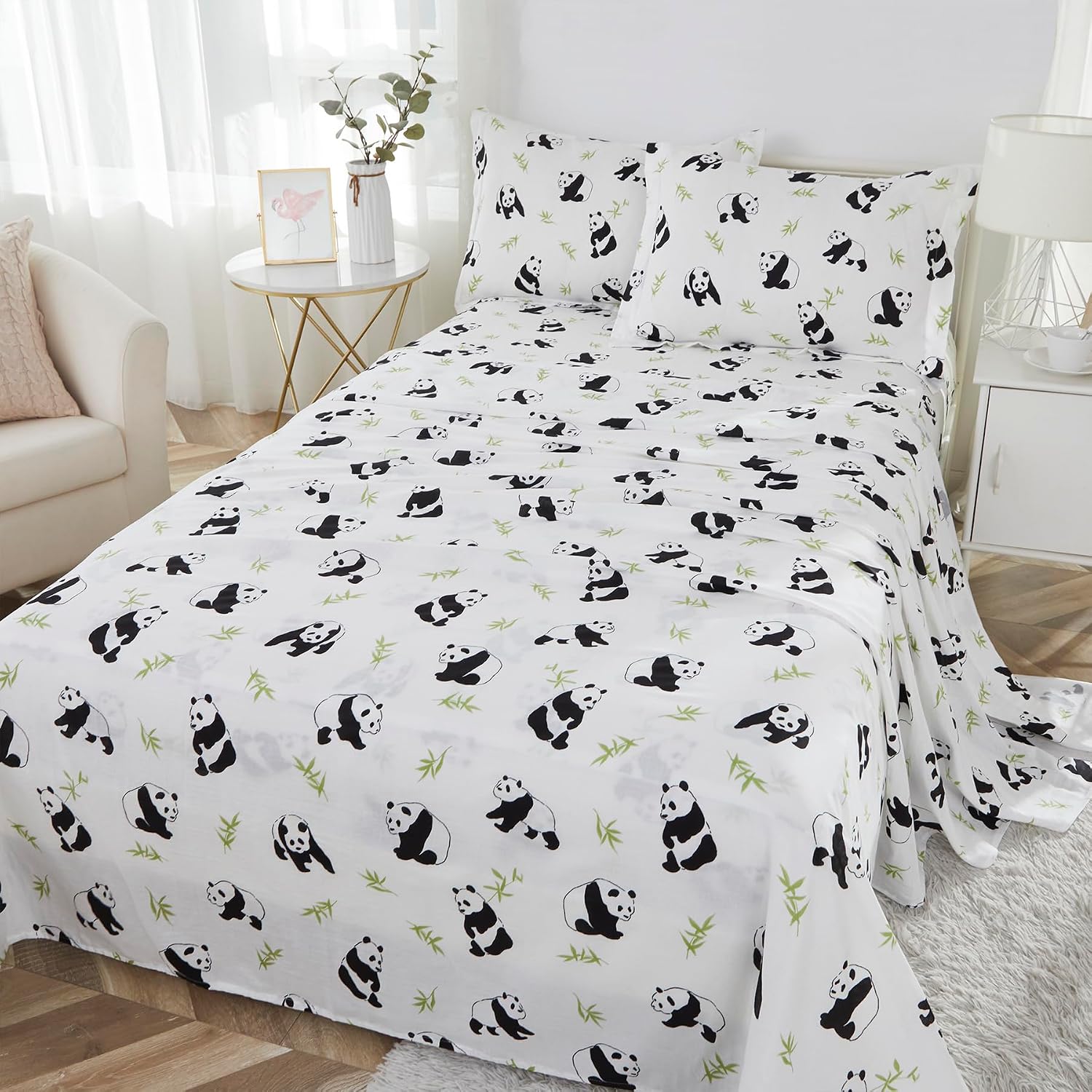 Brandream Super Soft Cotton Gauze Sheet Set King Size with Pillowcases for Boys Girls Children Flat Sheet + Fitted Sheet + 2 Pillowcases Cozy Bedding Set (Panda, White Black)