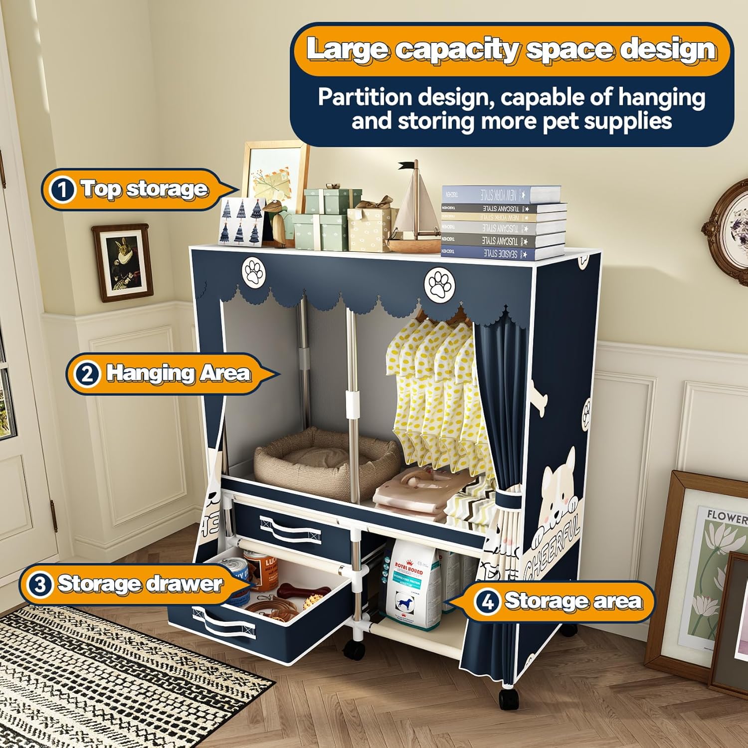 Large Portable Armoire Wardrobe Closet with 4 Hanging Rods and Lockers,Metal Storage Wardrobe Clothes Rack with Dust Cover for Clothes,16.7 in Wide,Bedroom,Gray (Navy Blue, 33.5 in)