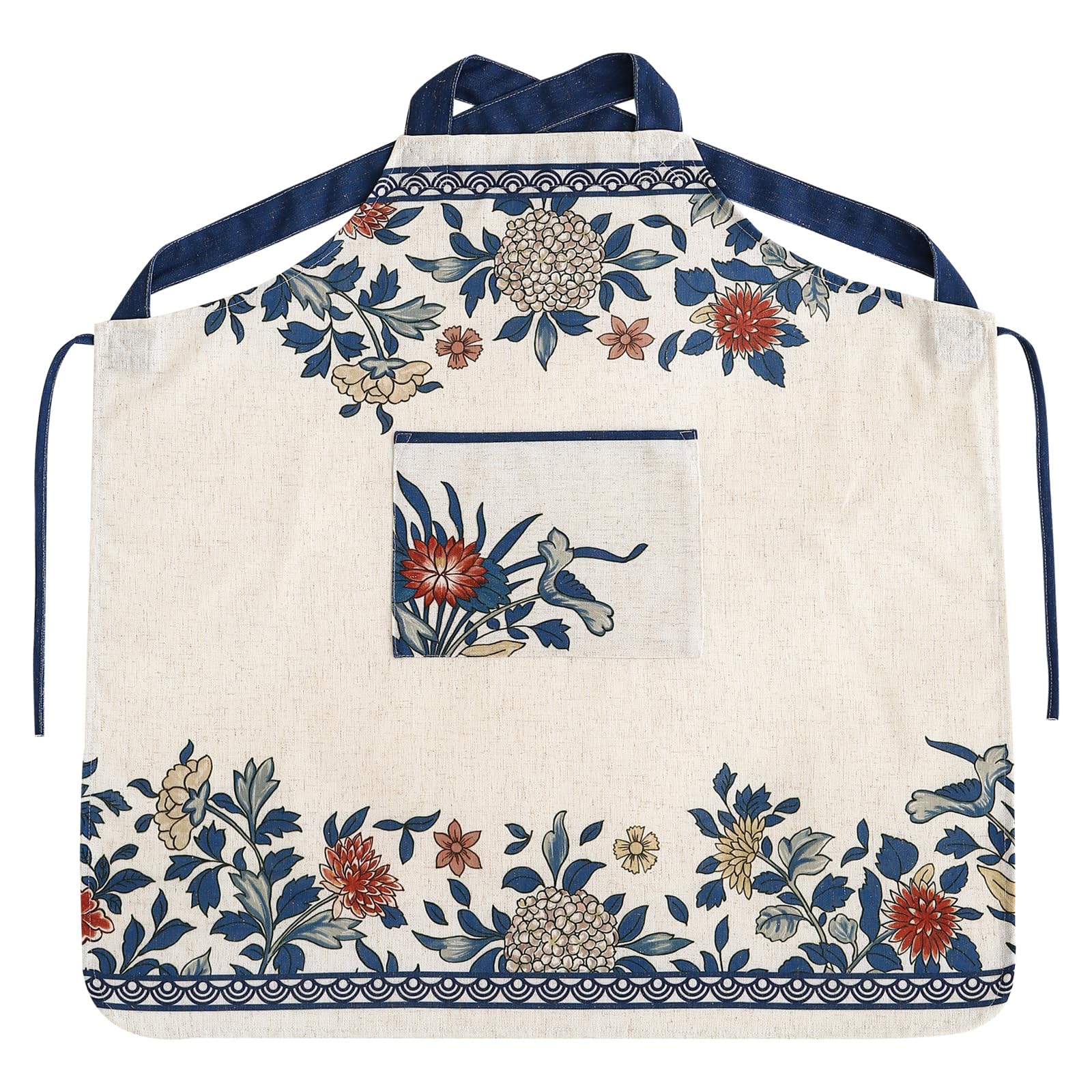 patdrea Blue Floral Linen Apron with Pocket,French Kitchen Garden Chef BBQ Aprons for Women and Men,Crisscross Back Straps