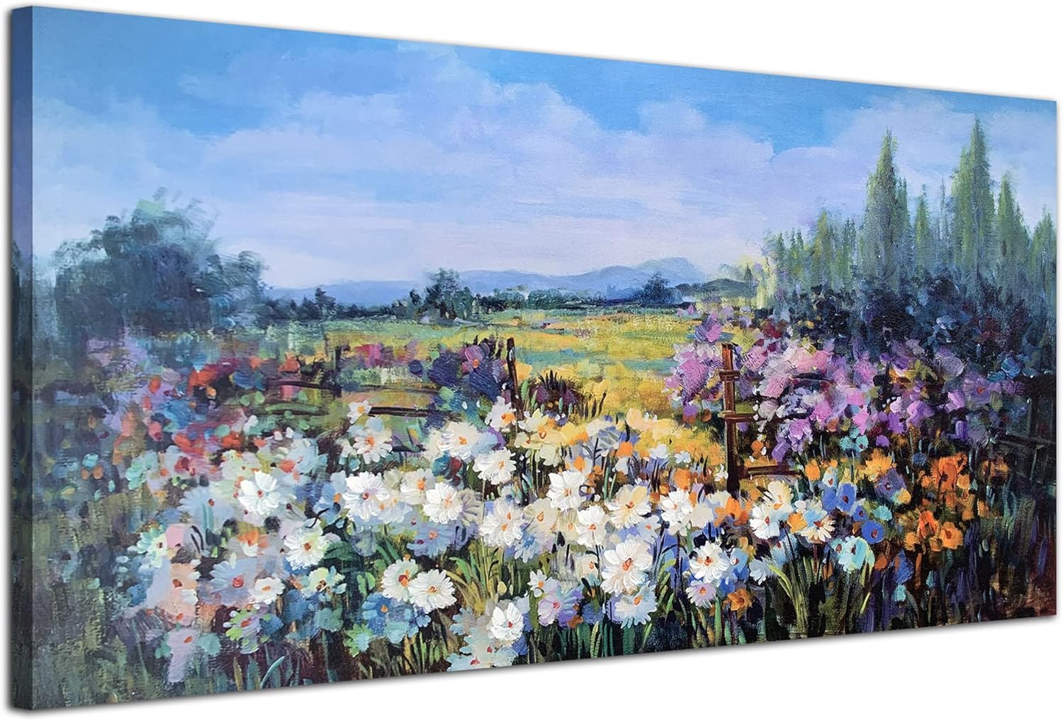 Acocifi Wildflowers Daisy Canvas Wall Art Colorful Flower Painting Field Picture Natural Landscape Framed Rustic Scenery Textured Artwork for Living Room Bedroom Home Office Large Decor 48"x24" 48"x24" Wildflowers canvas wall art
