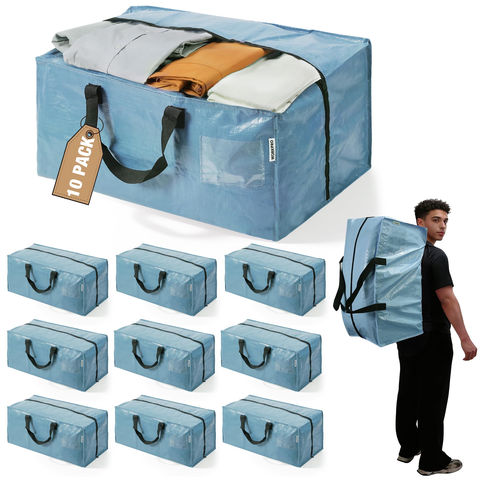 WORKPRO 10 Pack Extra Large Moving Bags with Backpack Straps &amp; Handles