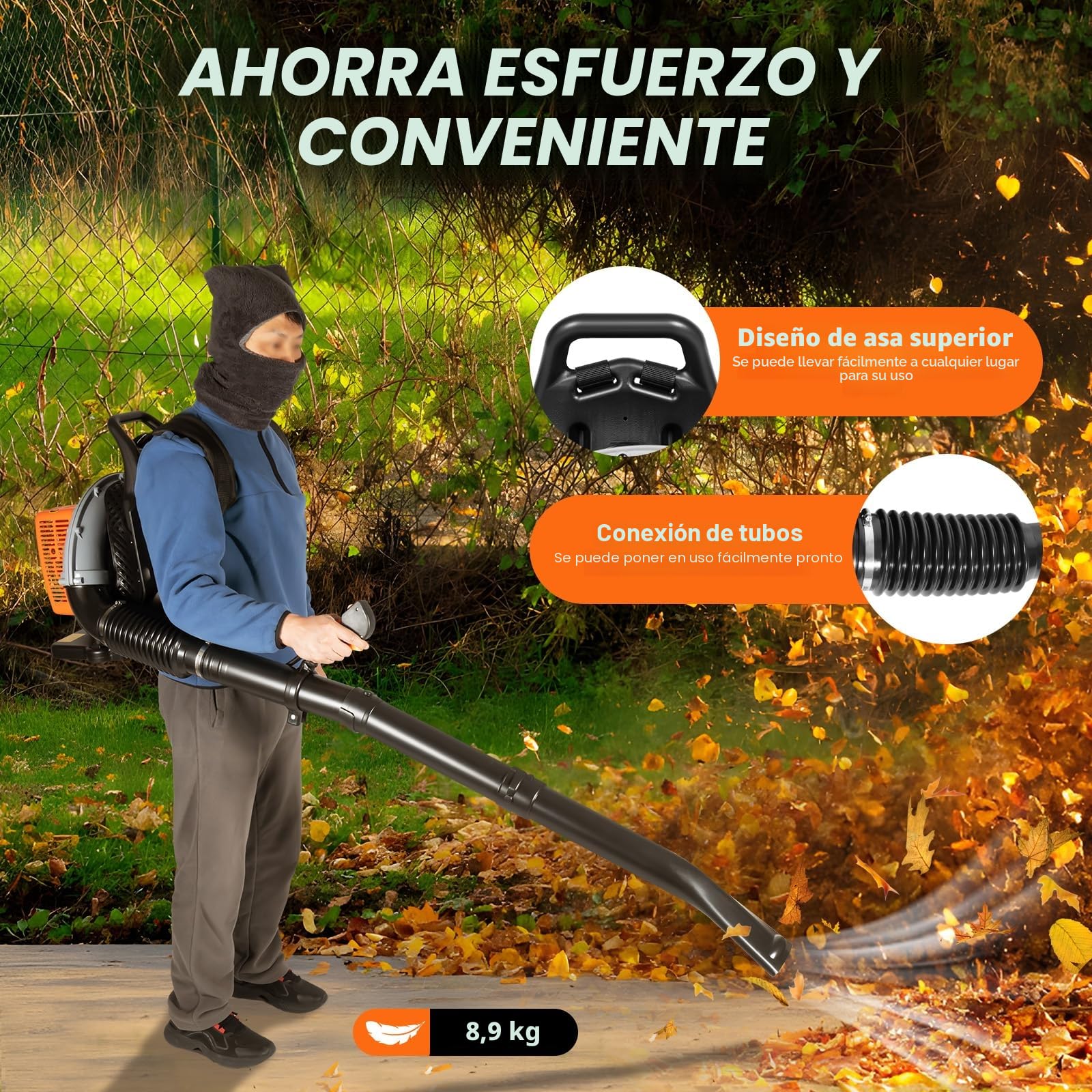 Soplador de hojas de gasolina para espalda, 65 cc, 2 tiempos, 6800 rpm, soplador de hojas para limpiar hojas, polvo de carretera, basura