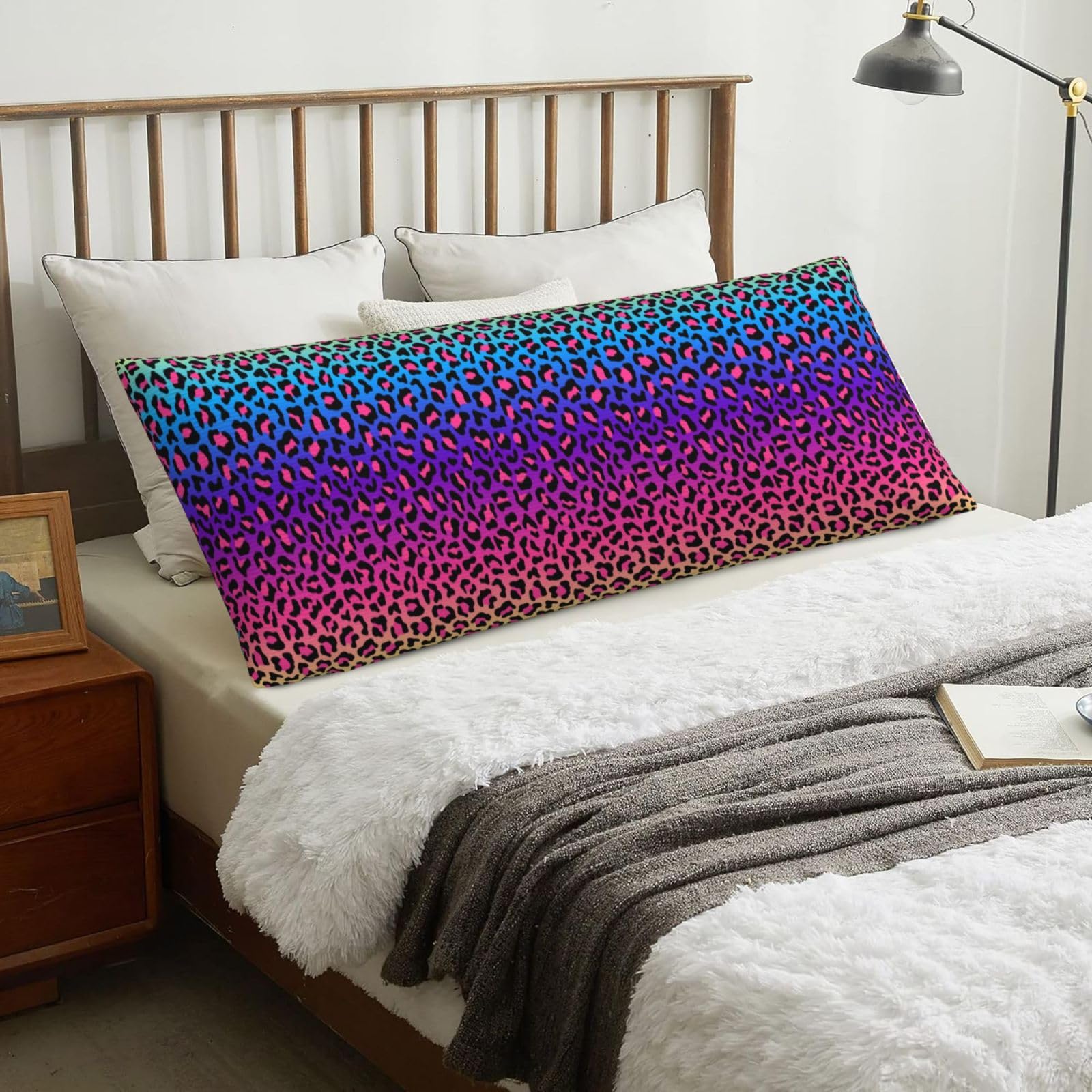Neon Color Gradient Leopard Print, Body Pillow Cover with Zipper,Long Body Pillowcase 20 x 60 in