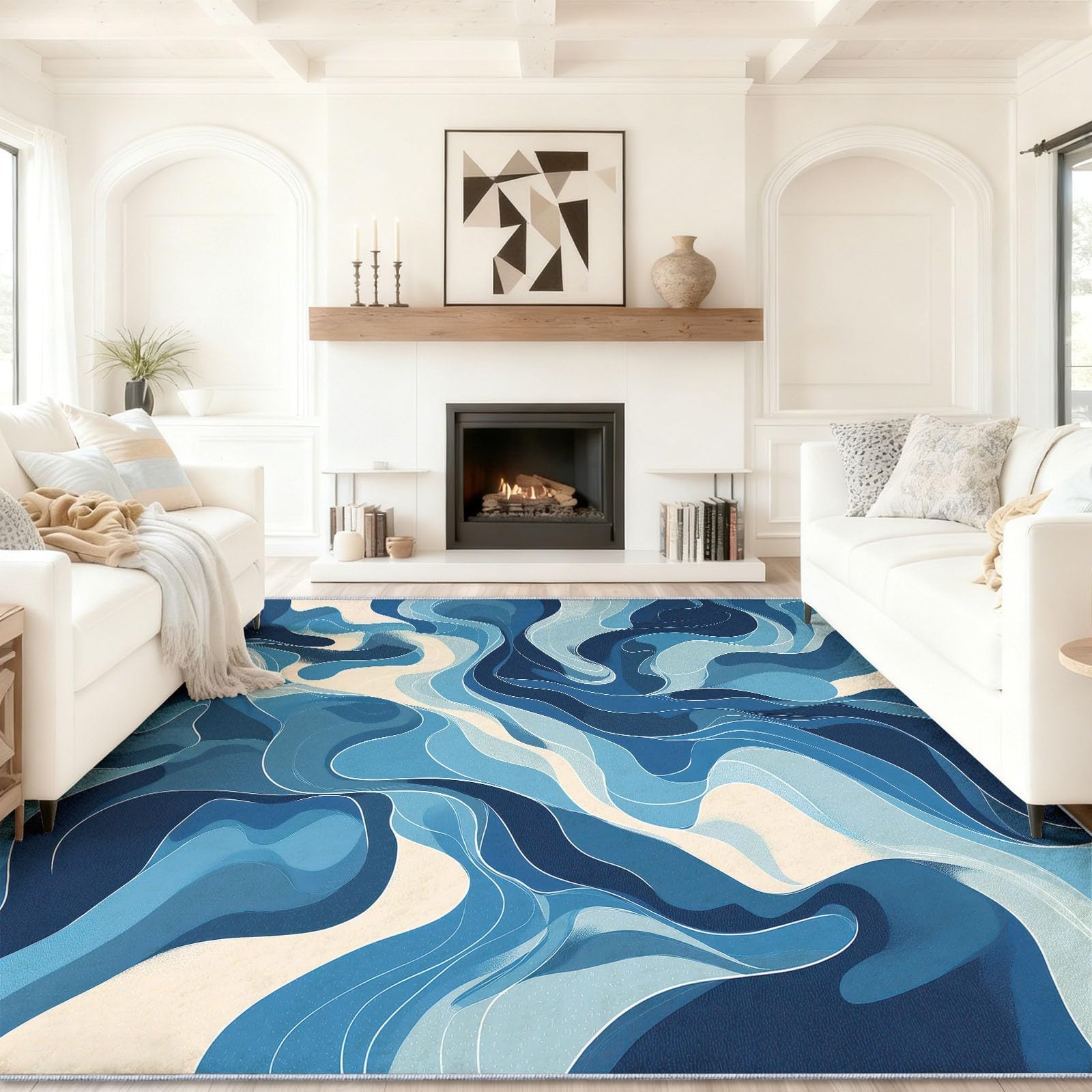 Tapis lavable en flanelle douce bleu à effet haute profondeur pour chambre
