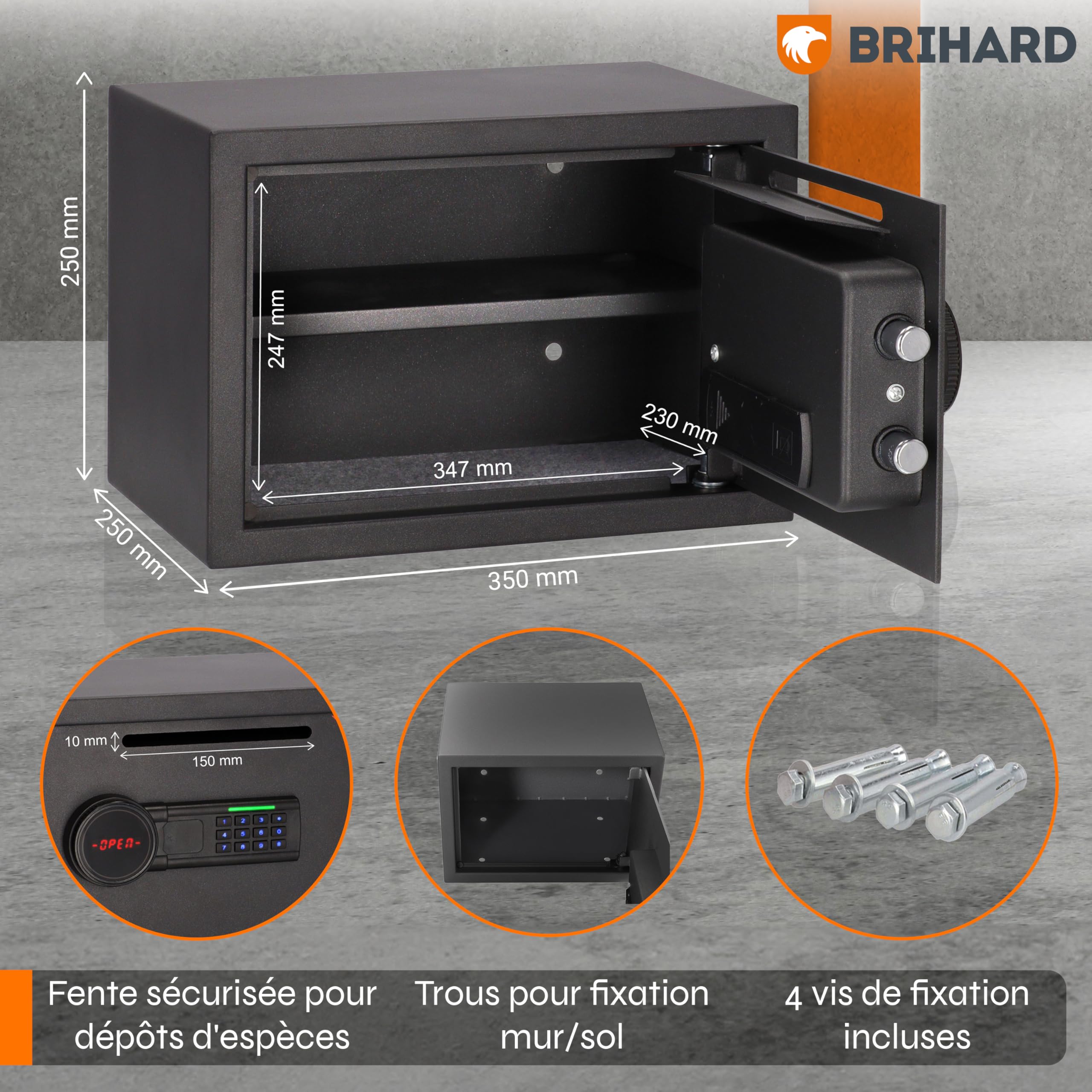 Coffre-fort de dépôt 25 x 35 x 25 cm avec fente, boîte électronique verrouillable pour argent liquide avec sac ignifuge, coffre-fort de 20 L avec serrure à clavier numérique et écran LCD