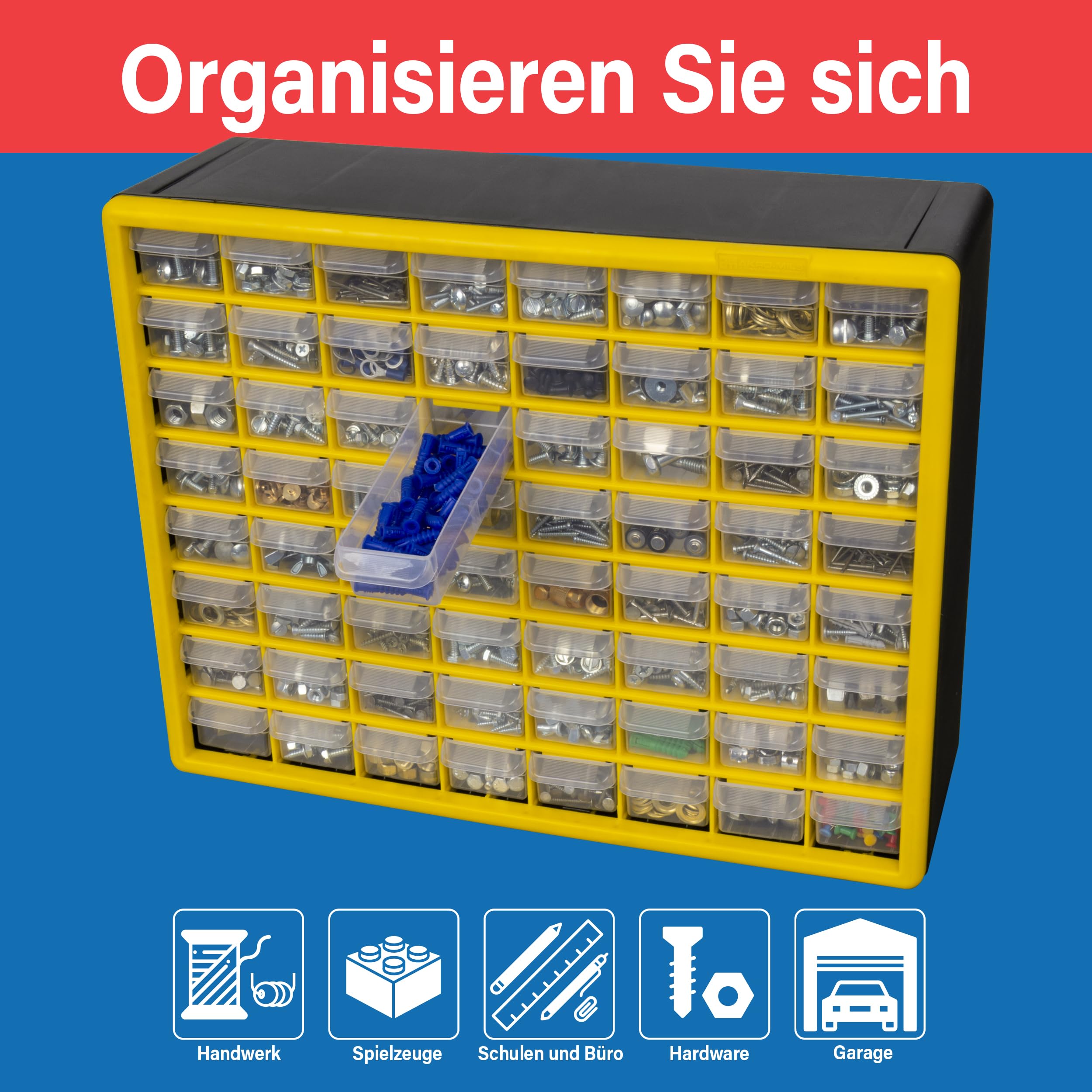 Akro-Mils 10164 Schubladenschrank mit 64 Schubladen, Kunststoff, für Garage, Perlen- und Make-up-Organizer, Lego-Aufbewahrung, Lehrer-Werkzeugkasten und mehr, 50,8 x 15,2 x 40,6 cm (B x T x H), Gelb