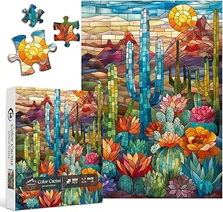 Comprar Cactus Puzzles for Adults 1000 Pieces and up, PICKFORU Stained Glass Puzzle Including Mosaic Art Cactus, Colorful Succulent Puzzles for Plant Lovers