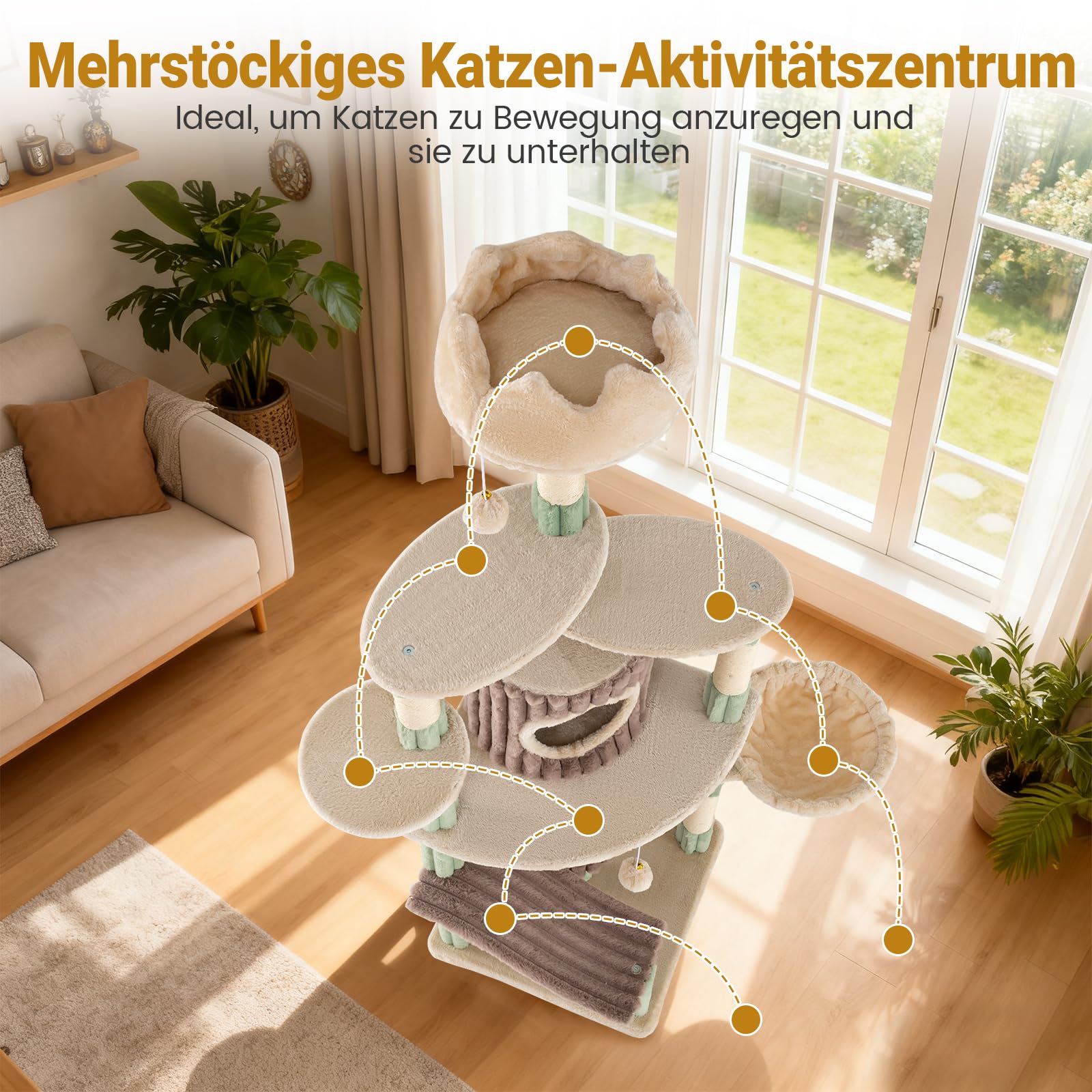 COSTWAY Drapak dla kota, duży, 163 cm, drzewo dla kotów z 2 jaskiniami, dużą podstawą, zjeżdżalnią, słupami z sizalki, koszem i piłką, drapak drewniany, drzewo wspinaczkowe do narożnika dla kotów