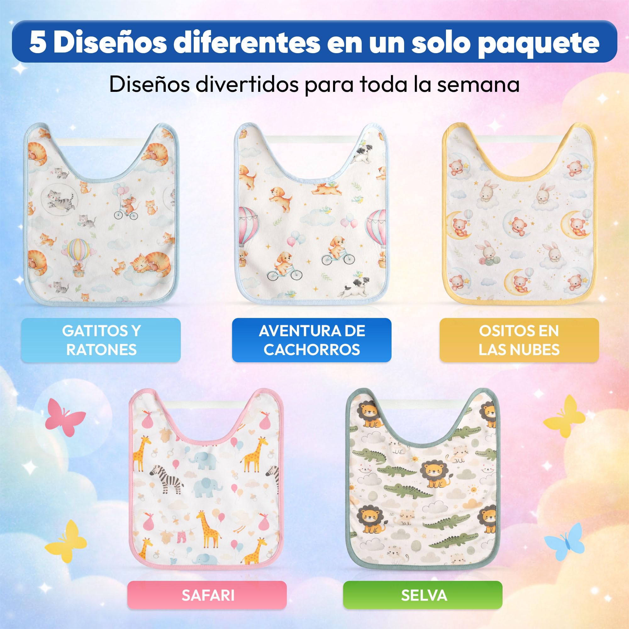 Baberos Bebé Impermeables Pack de 5 | Baberos Guardería con Goma Elástica - Babero Cuello Elástico Tipo Camiseta | Algodón Suave Lavables a Máquina 30º | Baberos Bebé Recién Nacido