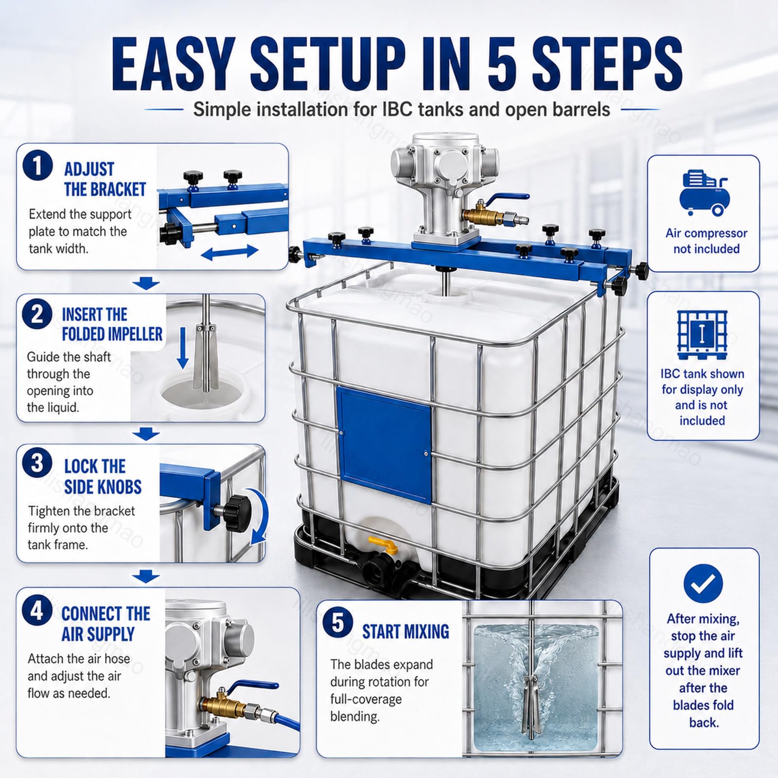Agitador Neumático,Agitador de Aire con Soporte para Depósito IBC 1000L,Mezclador de Aire con Hélice Plegable y Eje de Acero Inoxidable,para Pinturas,Tintas,Resinas,Adhesivos 3-Cylinder