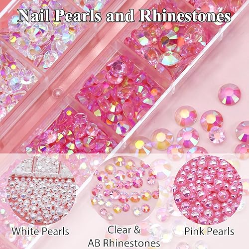 Vista 3 de Kit de 3 cajas de perlas semicirculares y diamantes de imitación de uñas con perlas blancas y rosadas, diamantes de imitación transparentes