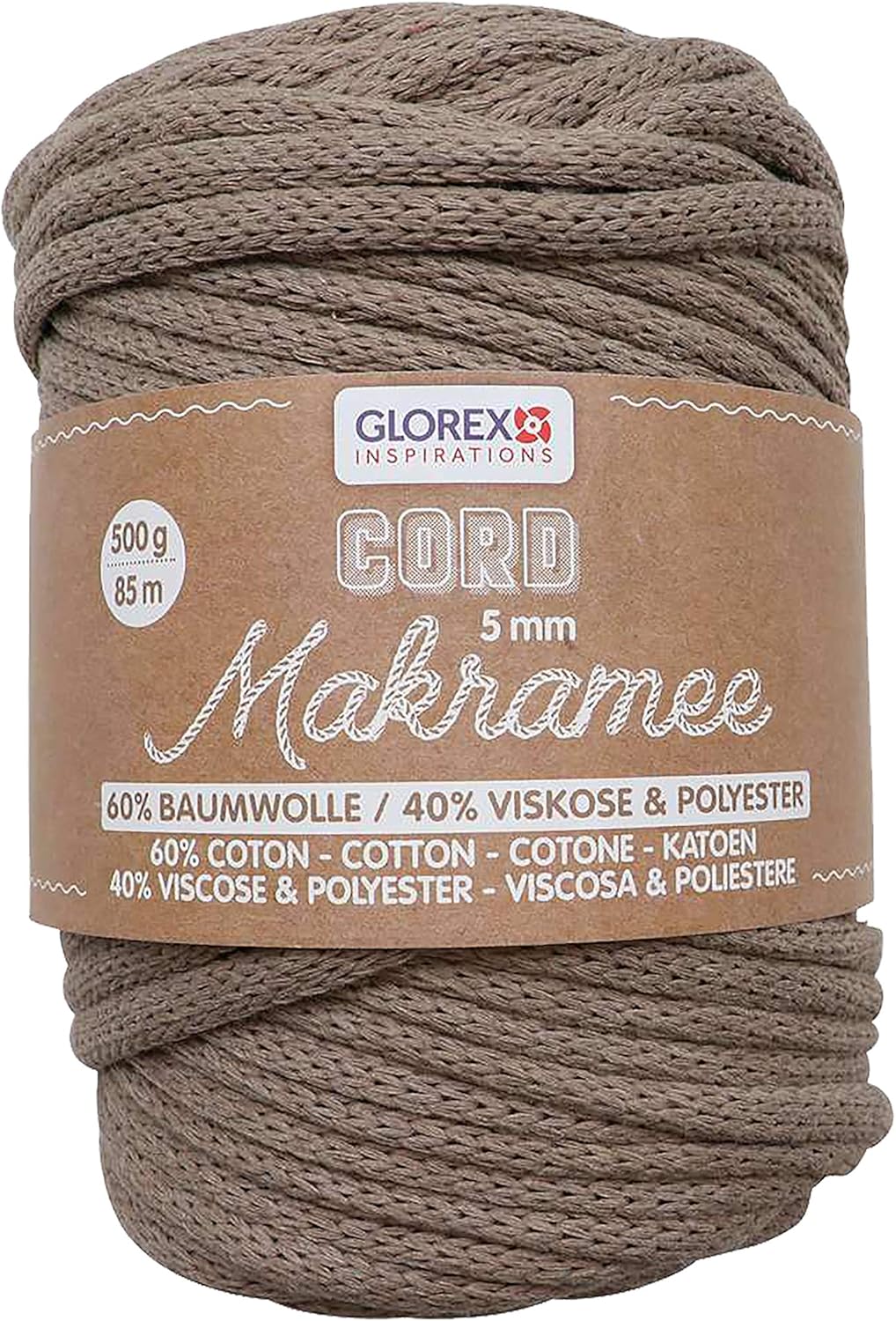 GLOREX 5 1006 13 - Macrame Cord 5 mm, Super Soft Textile Yarn 60% Cotton / 40% Viscose, for Crocheting, Knitting, Knotting and Textile Design, 500 g, Approx. 85 m, Woven Light Brown