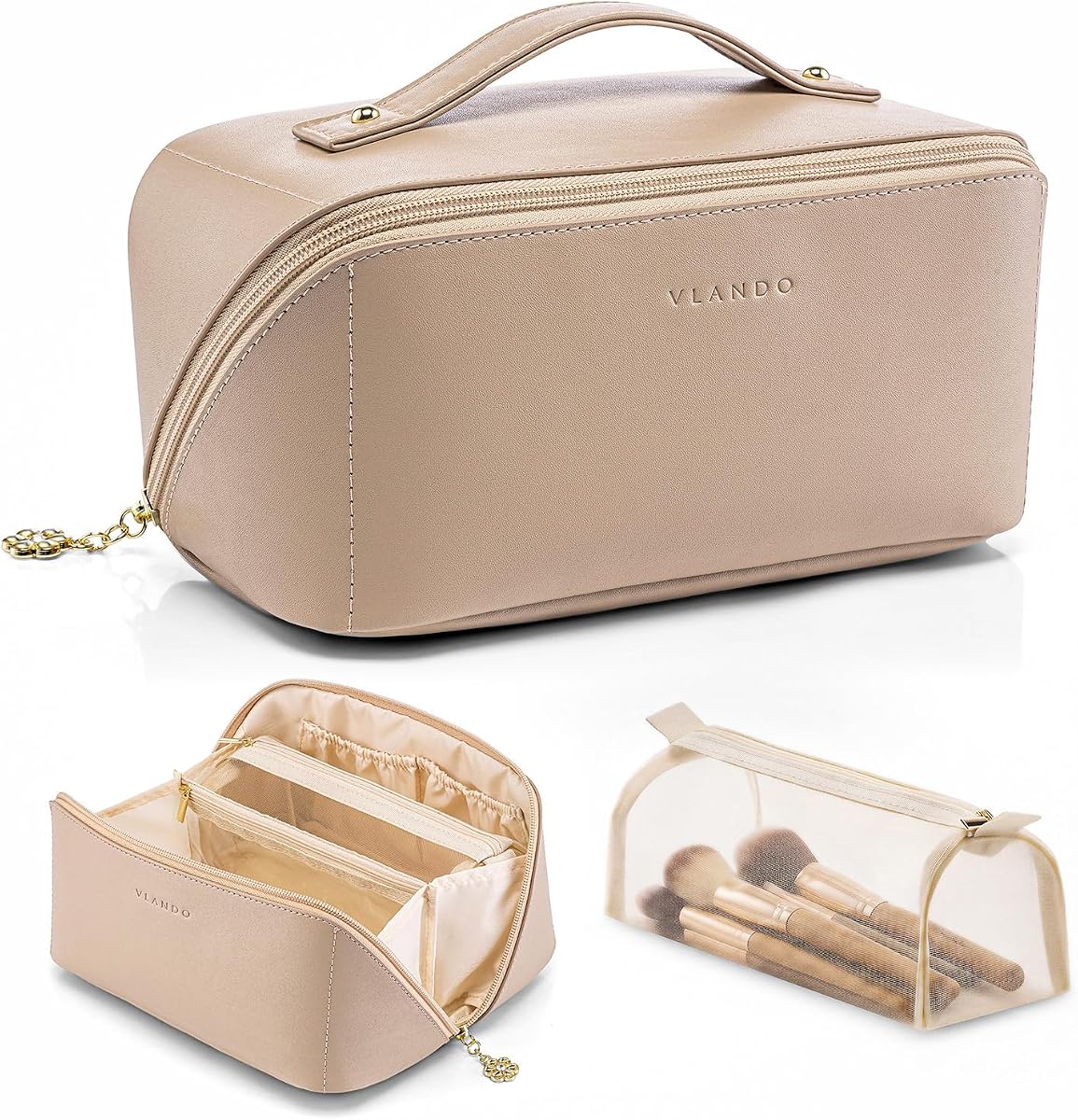 Travel Makeup Bag with 180°Opening, Women Toiletry Case,Toffee