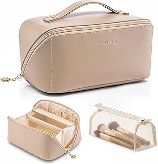 Makeup Bag,Travel Toiletry Bag,Cosmetic Bag for Women PU Leather Portable Make up Bag for Skincare, Brushes & Travel Essentials-Toffee