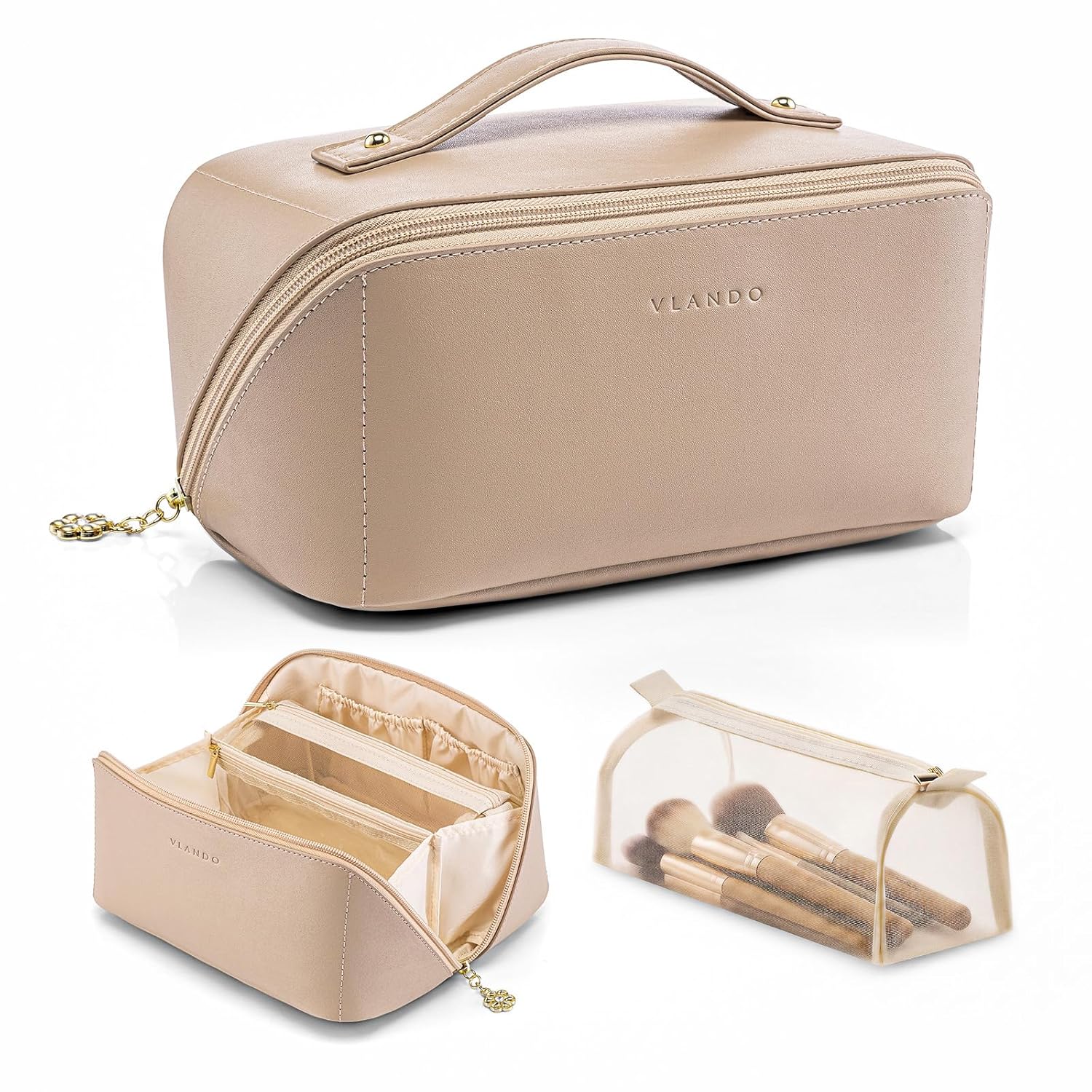 VLANDO Makeup Bag,Travel Toiletry Bag,Cosmetic Bag for Women PU Leather Portable Make up Bag for Skincare, Brushes & Travel Essentials-Toffee 0.53lbs