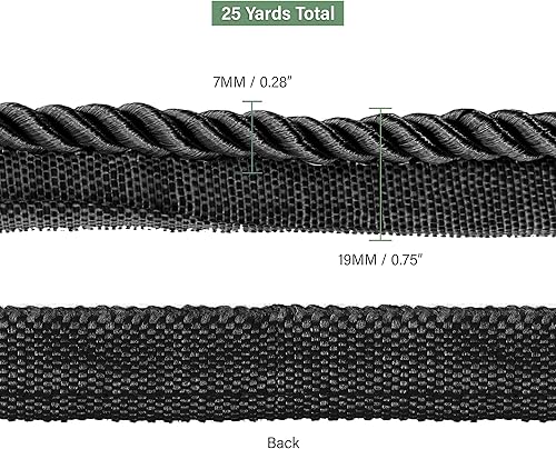 Vista 4 de Mandala Crafts The Yard - Cordón de labio trenzado para almohadas de costura, tapicería, borde de costura (negro)