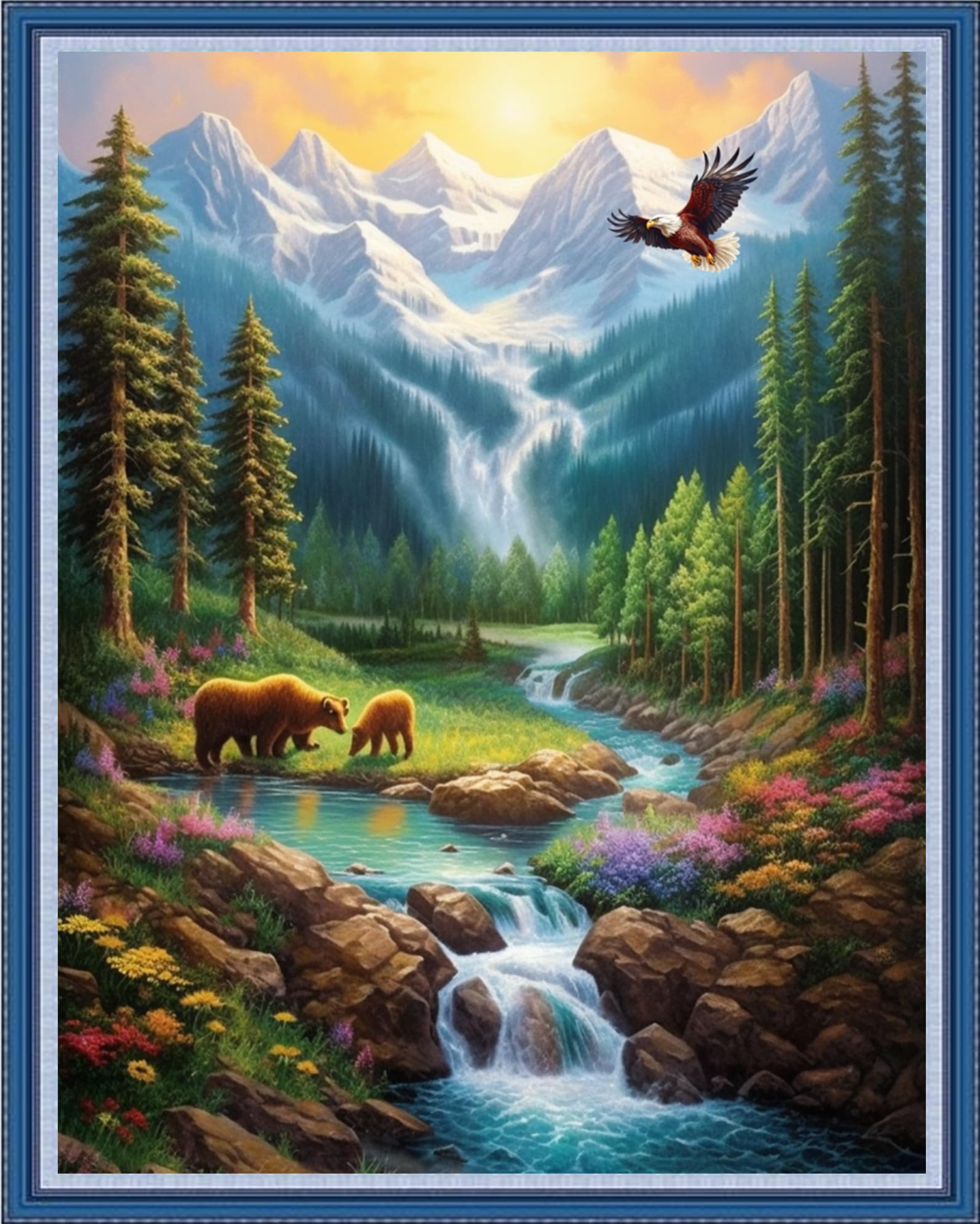 DMCVIVR Stamped Cross Stitch Kits for Beginners Adults Needlepoint Kits for Beginners Embroidery Kits for Adults Crossstitch Kit for Beginners 11CT-Mountain River Waterfall 16x20 inchs