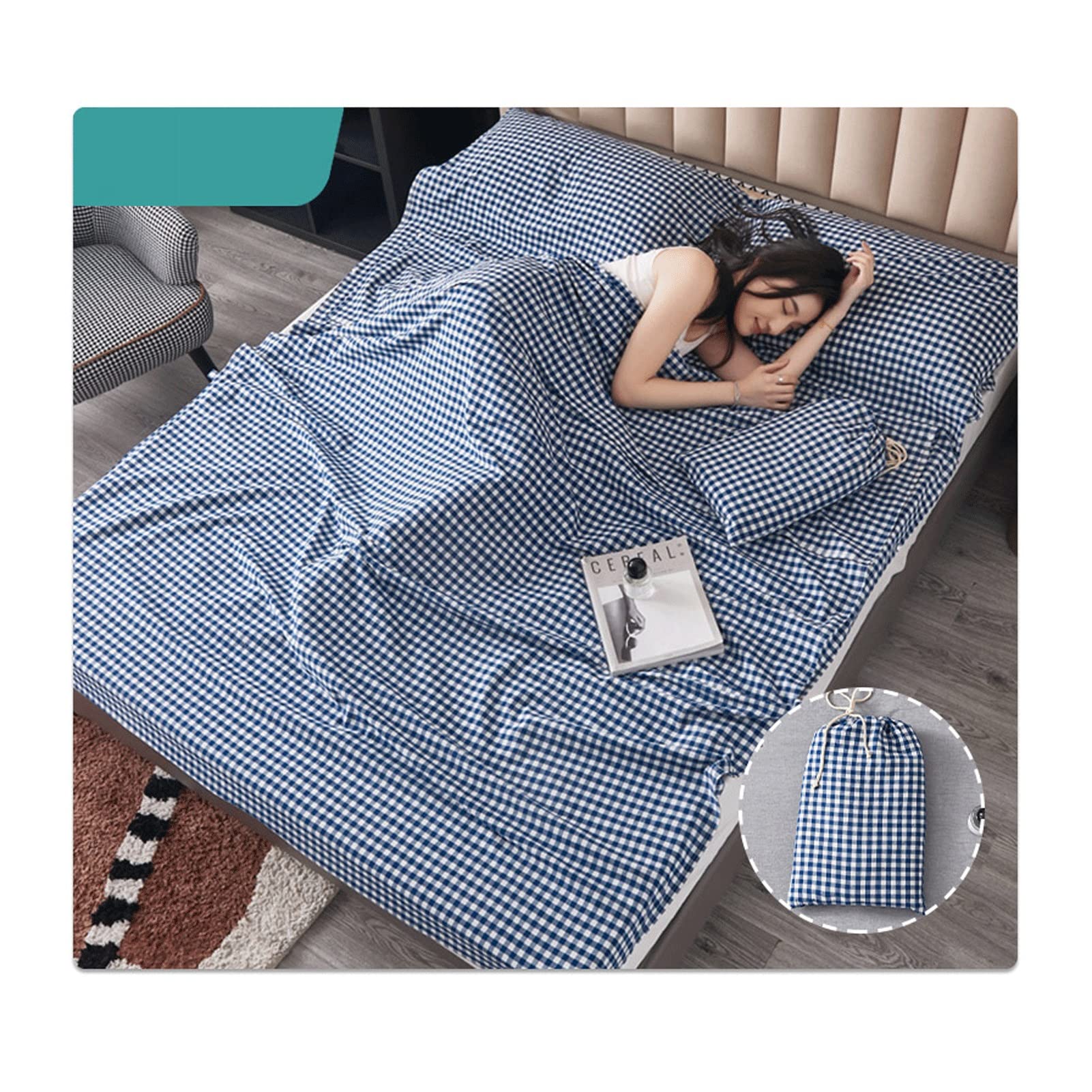 RUZGAR Sacco a Pelo Matrimoniale Sacchi a Pelo Estivi Sacco a Pelo Leggero e Compatto in 100% Cotone Motivo a Righe a Quadri Sacco Nanna for Viaggi in Hotel (Color : Blue A, Size : 180x210cm-70x82)