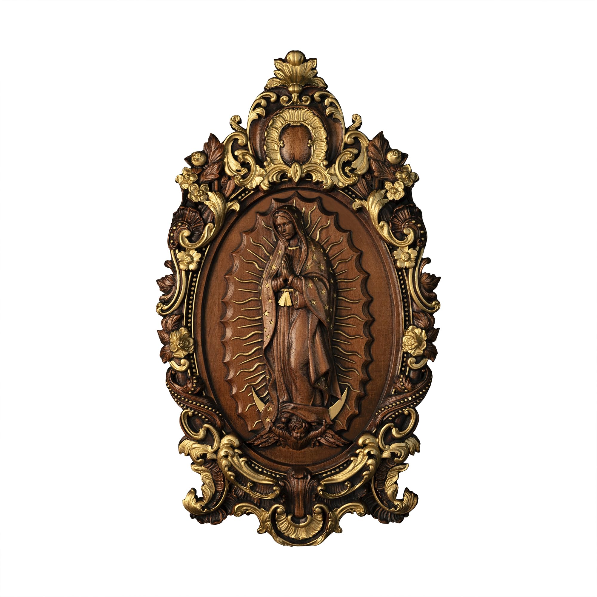 BGCOPPER Vintage Our Lady of Guadalupe Wood Carved Virgin Mary Icon Catholic Decoration Wooden Artwork Religious Gift (20 * 11.2 * 1.4inches, Outline in Gold)