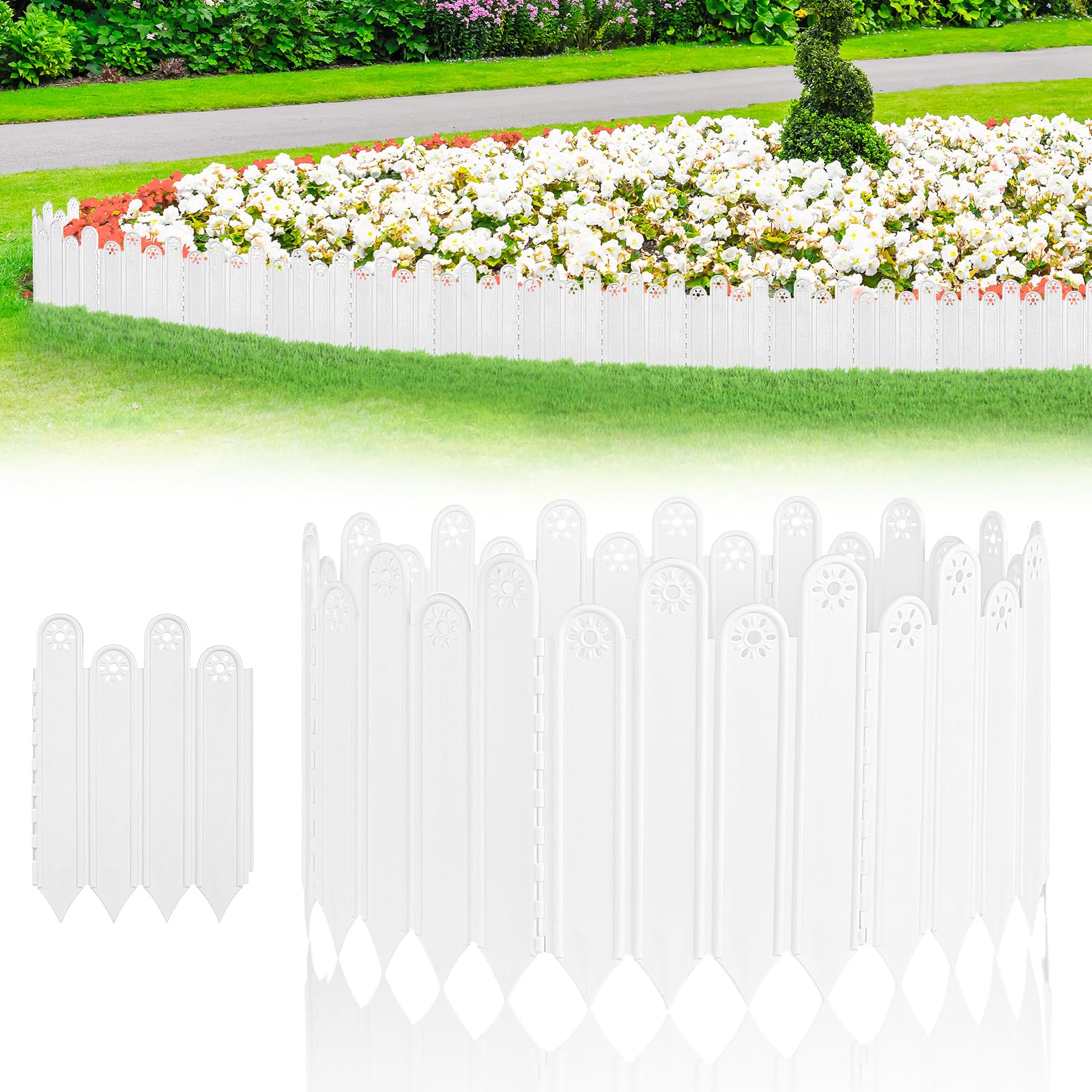 10 Pcs White Garden Edging Borders,11.81"x8.4" Landscaping Edging, 7ft Interlocking Decorative Garden Fences, Plastic Pickets No Dig Lawn Edges Flower Beds Barriers, for DIY Patio Pathway Gardens