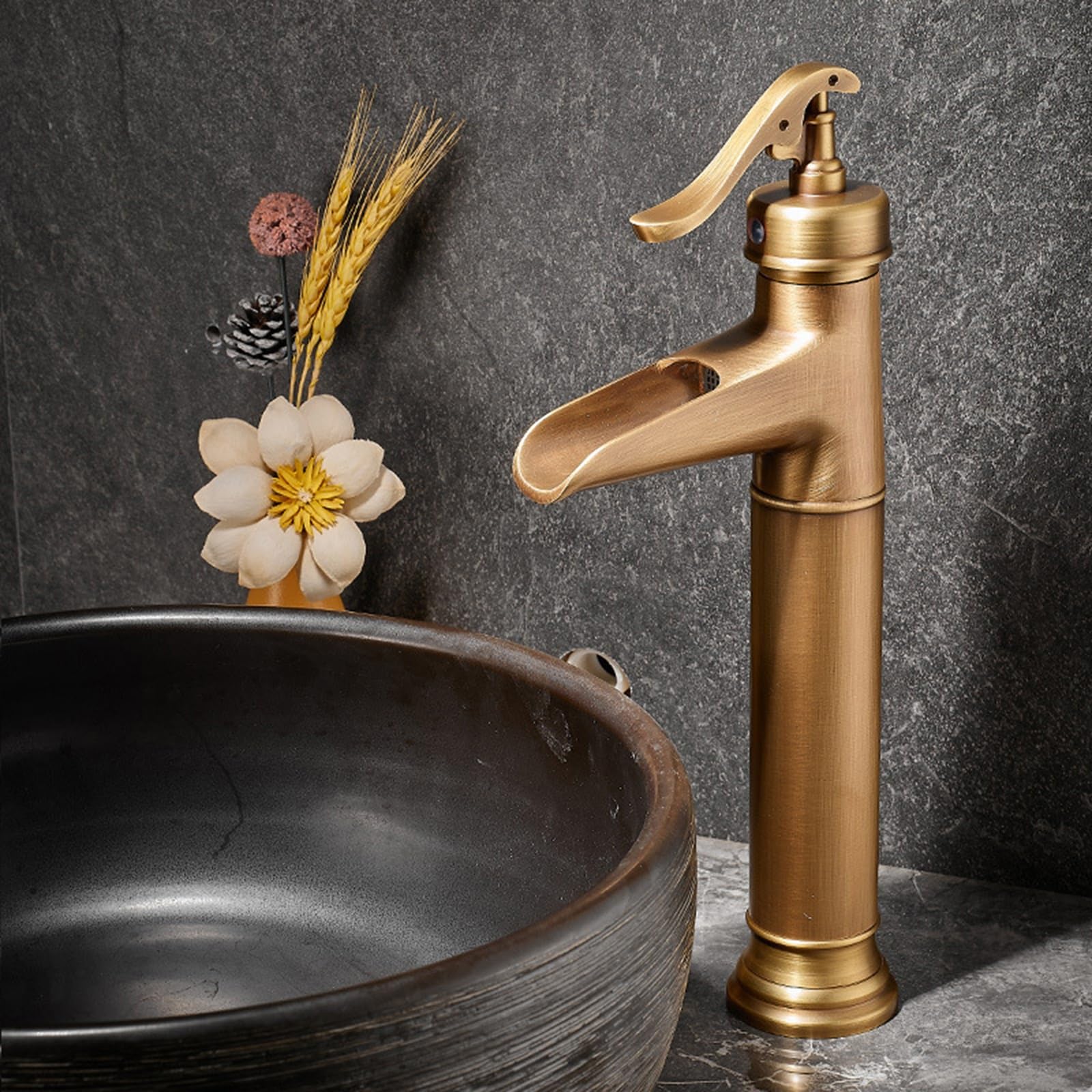 HCFYAUIS Waterfall Countertop Basin Tap Upper Opening Single Hole Retro Tap Brass Tall Mixer Taps for Bathroom Basin,Antique,high