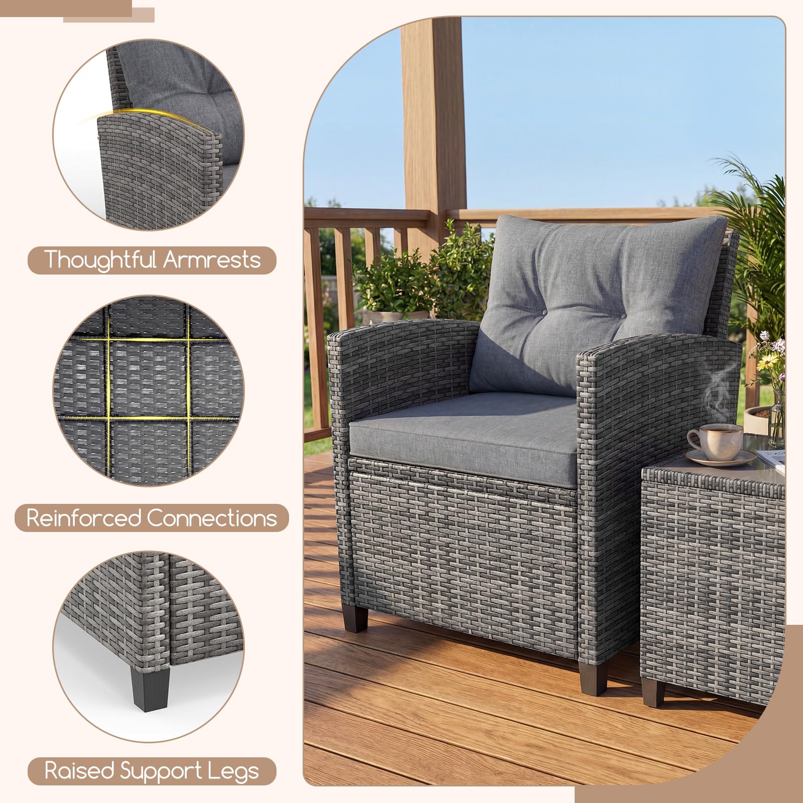 GIANTEX Set Mobili da Giardino in PE Rattan, Set di Conversazione con 2 Poltrone con Cuscini Morbidi, 1 Tavolino con Piano del Tavolo in Vetro Temperato (Grigio)