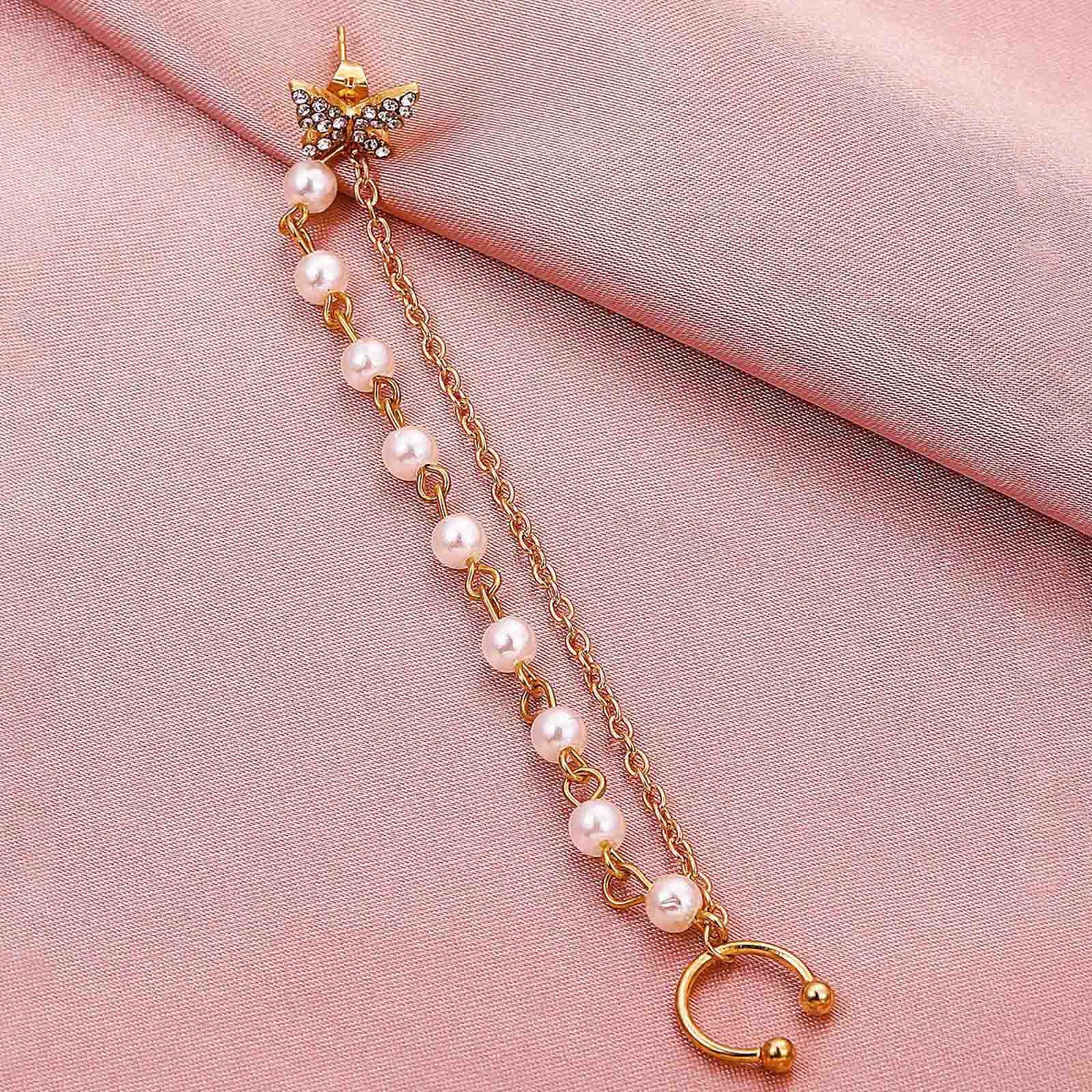 Orecchino Singolo A Farfalla Con Perla E Zircone, Design A Polsino Arrampicatore, Gioiello Unico Per Donna - 2