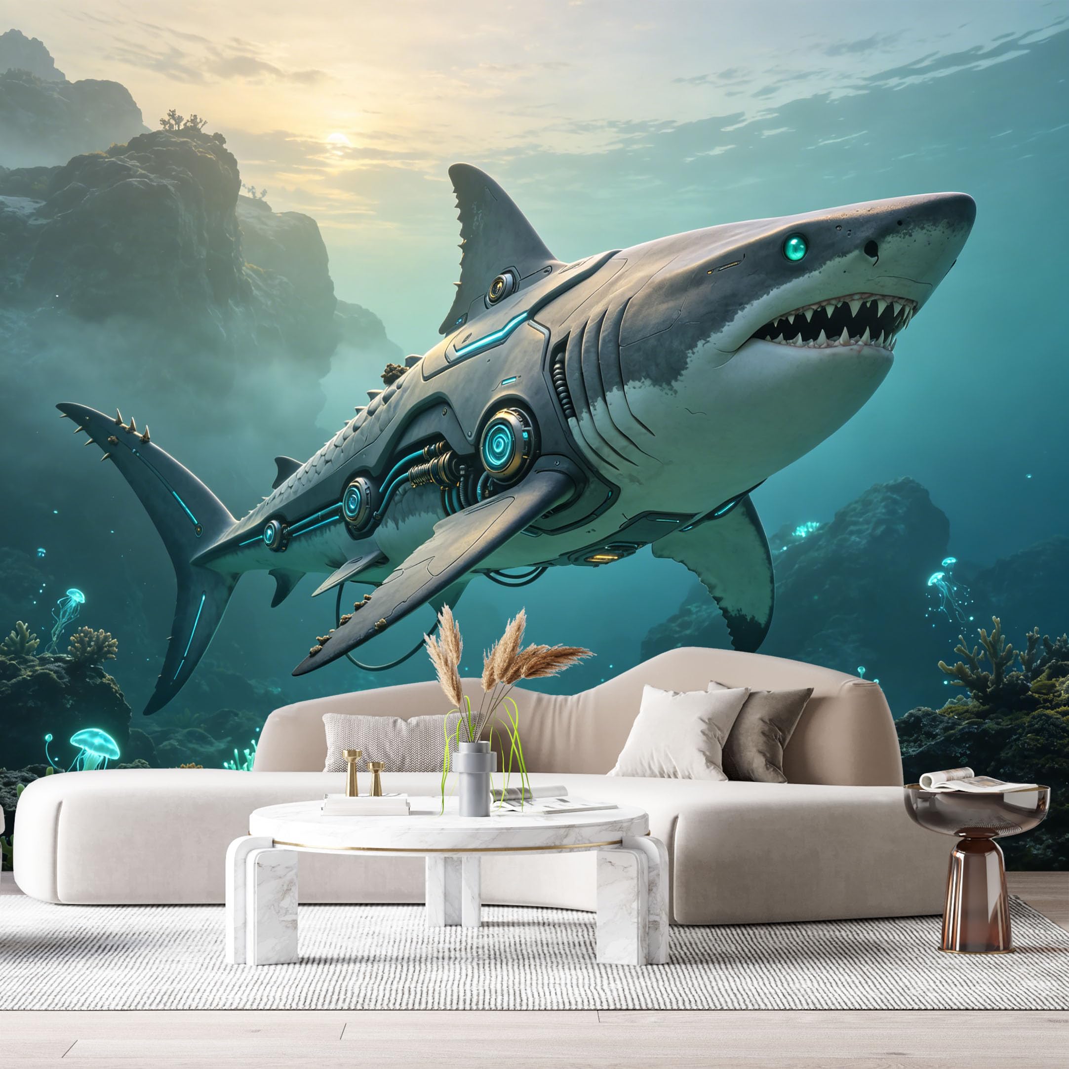 Custom Size Wall Mural Mechanical Aquatic Predator SciFi Ocean Mech Futuristic Underwater Machine 3D Style SelfAdhesive Art Prints Removable Large Wallpaper Esports Game Tenant Room Studio