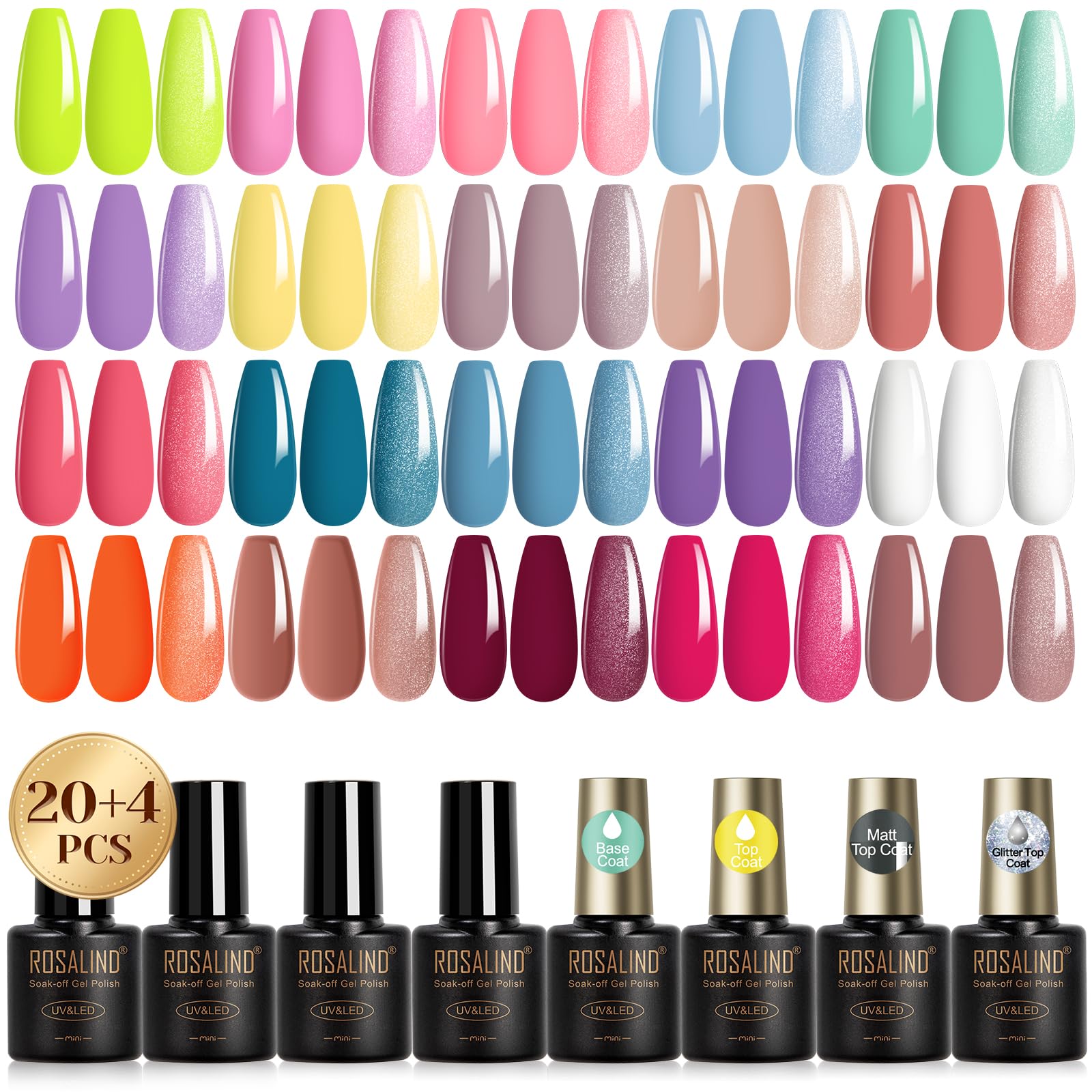 ROSALIND Esmaltes Semipermanentes Para Uñas, 24 Piezas Amarillo Rosa Azul Verde Morado Naranja Colores Esmaltes Semipermanente UV LED Pintauñas Semipermanentes Nail Art Manicure Regalo