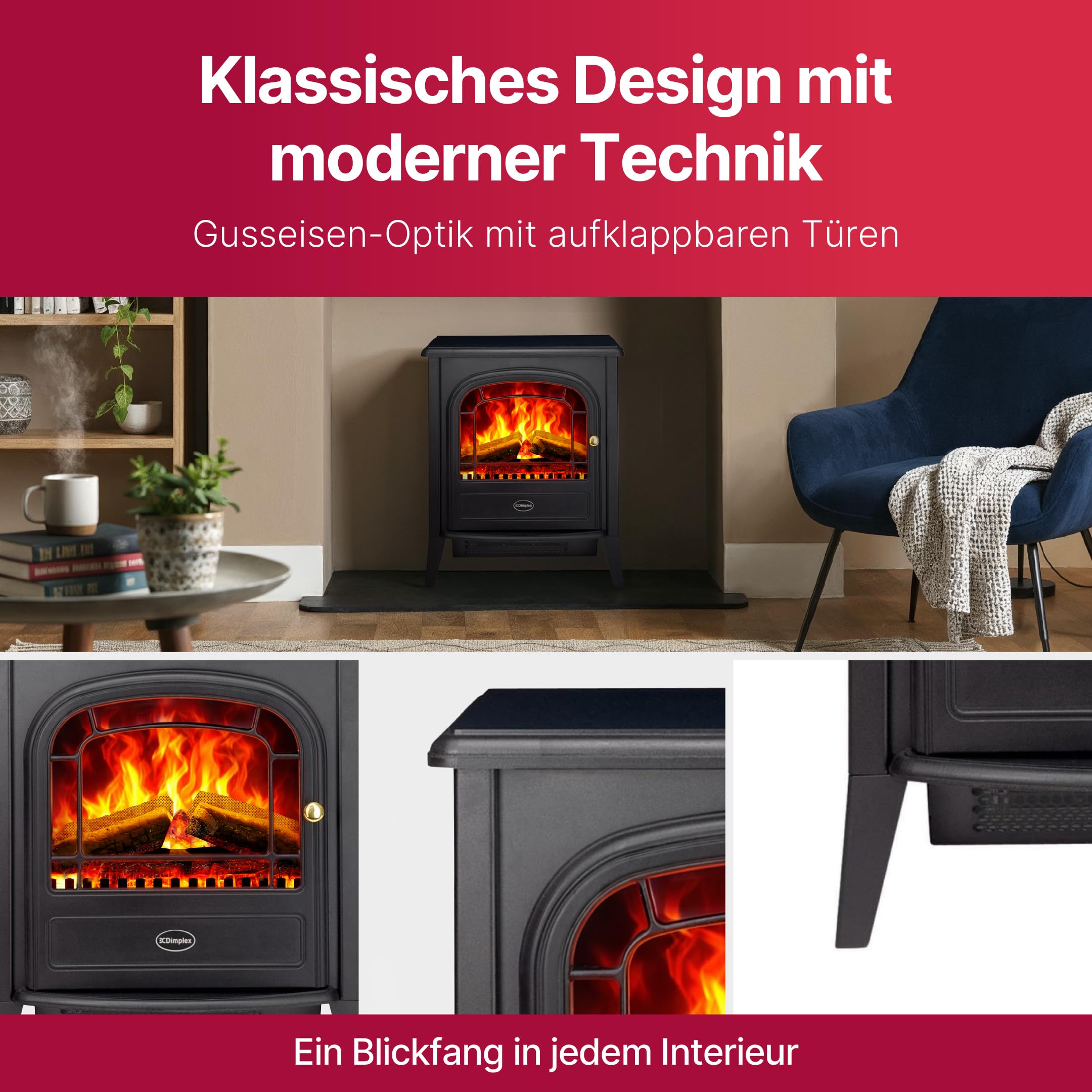 Dimplex Club Elektrokamin - Freistehender Elektrischer Kamin mit Holzscheit- Glutbett und Optiflame LED-Flammeneffekt - Zuschaltbarer 2kW Heizlüfter - Inklusive Fernbedienung