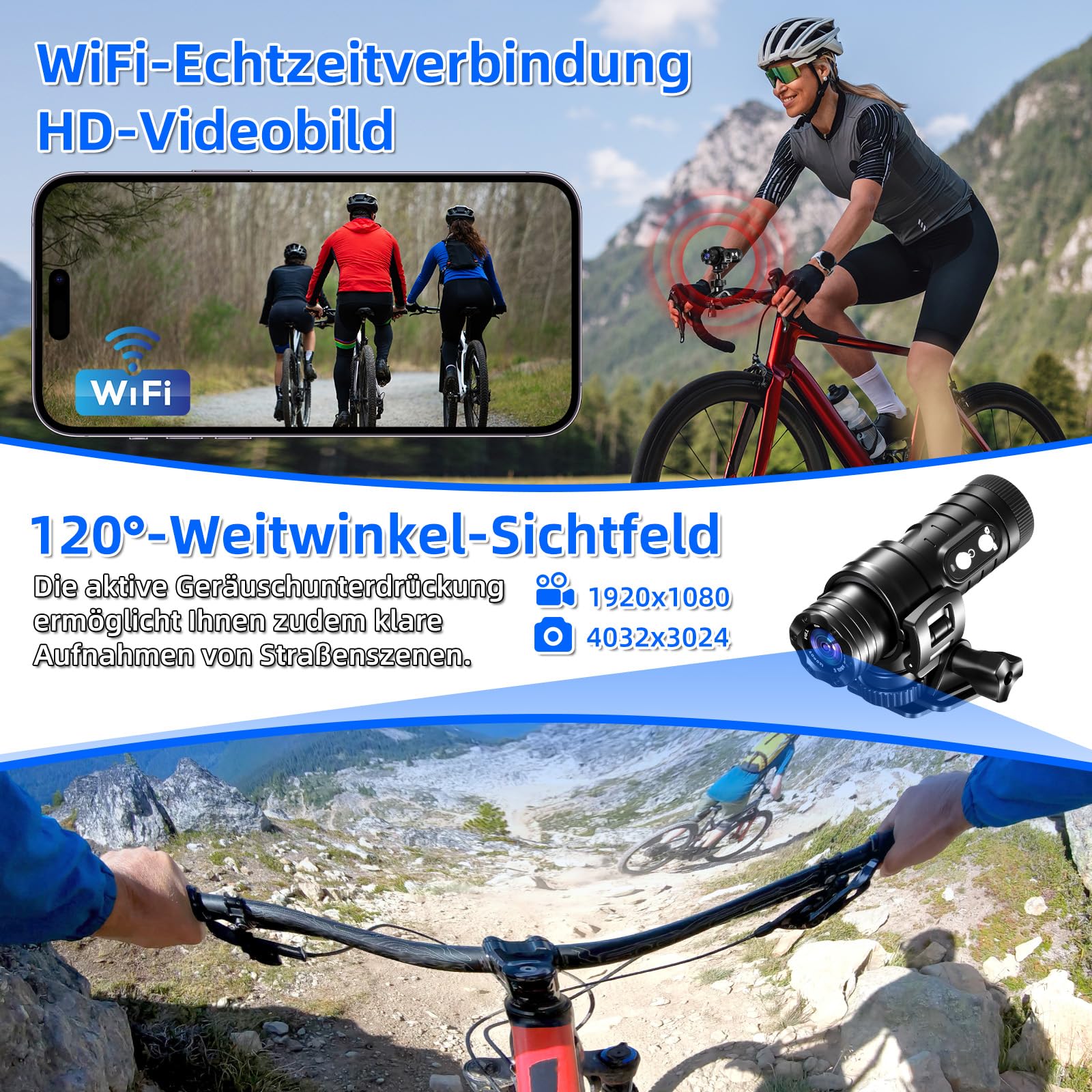 AIKER Dashcam Fahrrad,Verbesserte Version WiFi Action Cam Intelligente Aktive Stabilisierung und Echtzeit-Pegelkorrekturfunktion helmkamera,1080P HD&120°Weitwinkel Action Kamera,Mit 64GB Speicherkarte