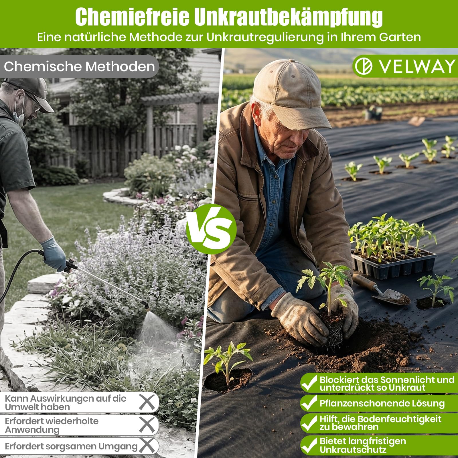 Velway Unkrautvlies 50g/m² 1x50m Rolle - Wasserdurchlässig & UV-Stabil Gartenvlies Reißfestes Unkrautfolie Gegen Unkraut Mulchvlies für Garten Hochbeet Gemüsegarten Landschaftsgestaltung