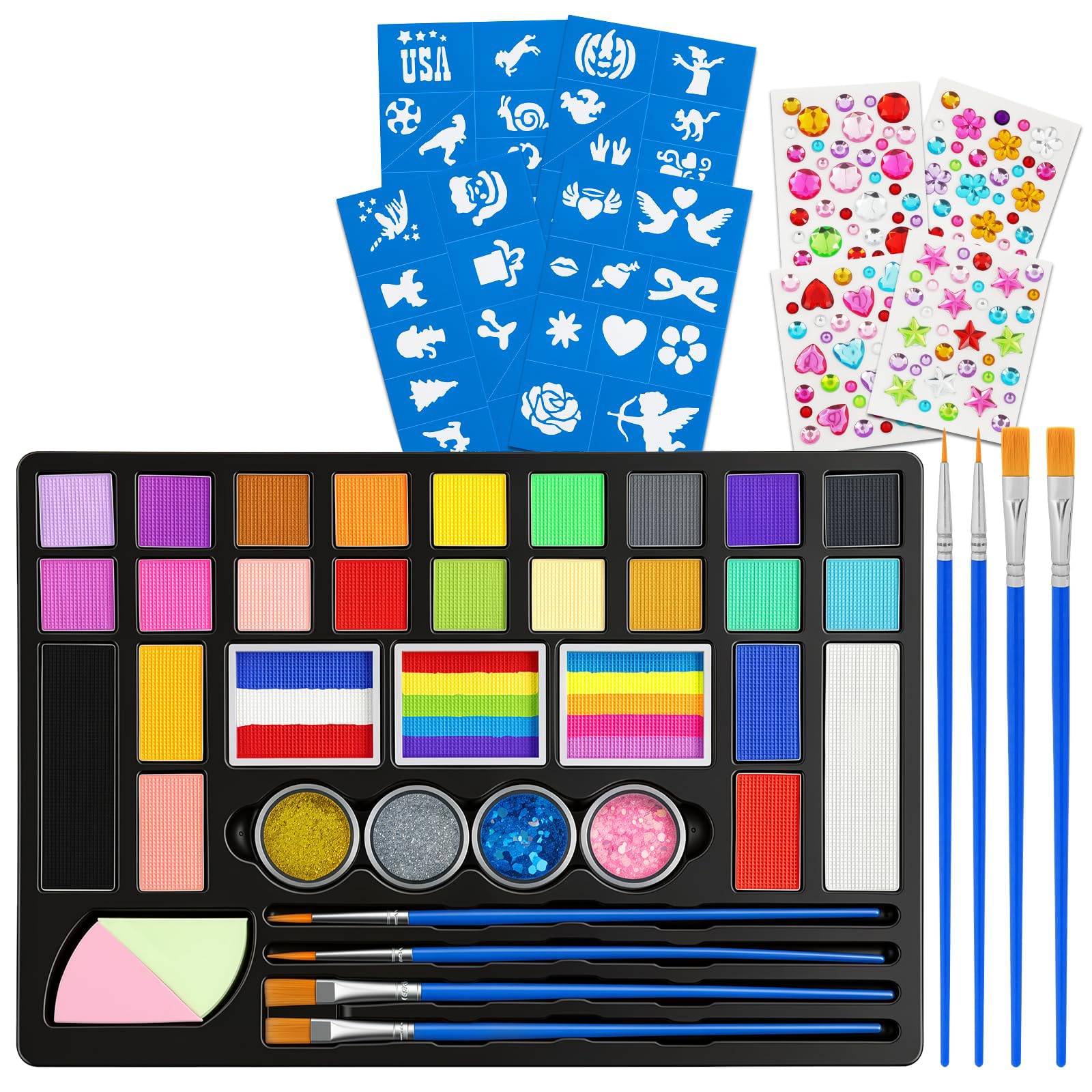AYBUY Truccabimbi Trucco per Bambini, 31 Colori Trucco Viso Bambini | Truccabimbi Kit Anallergici Atossici, Trucca Bimbi Viso Bambini con 4 Pennelli e 40 Stencil per Halloween, Carnevale, Natale