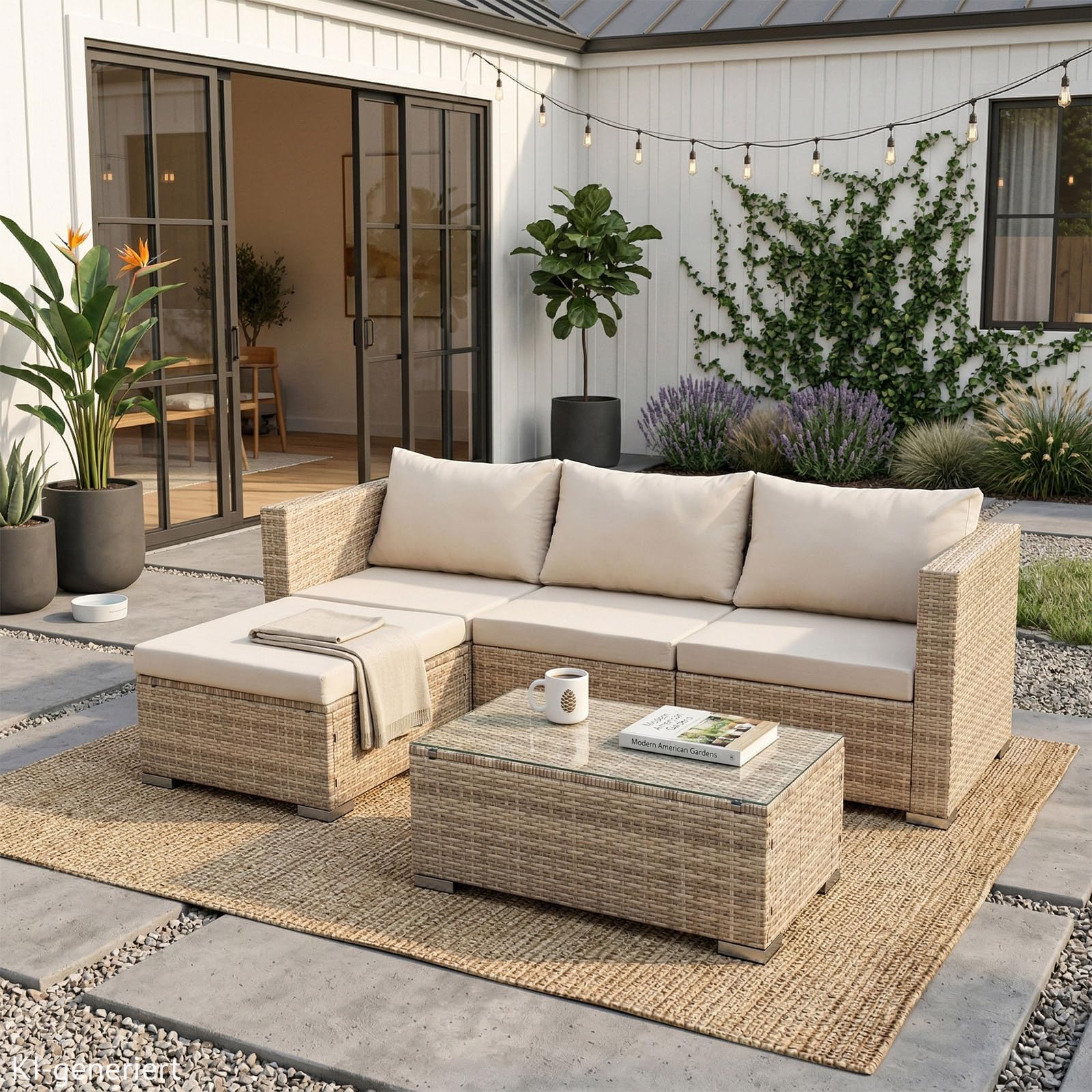 SVITA Queens Gartenlounge 5-teilig Polyrattan Lounge Set wetterfest Garten Terrasse Balkon inkl. Kissen Glas Tisch Beige