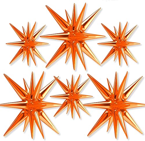 PartyWoo Globos de estrella naranja, 6 unidades, globos de una pieza de 14 puntas, globos de explosión de estrellas de 27 y 22 pulgadas con cinta,
