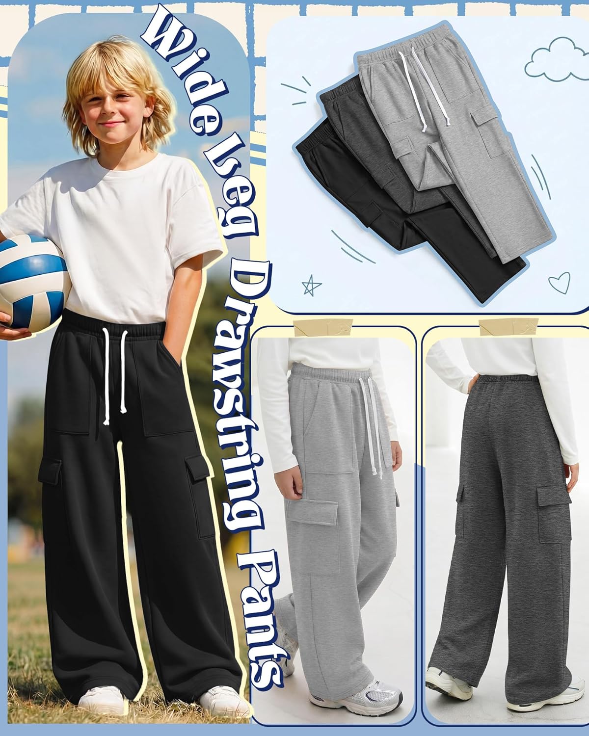 Oakgarden 3 Pack Boys Cargo Sweatpants Baggy Wide Leg Drawstring Pants Open Bottom Casual Workout Joggers 5-14Y