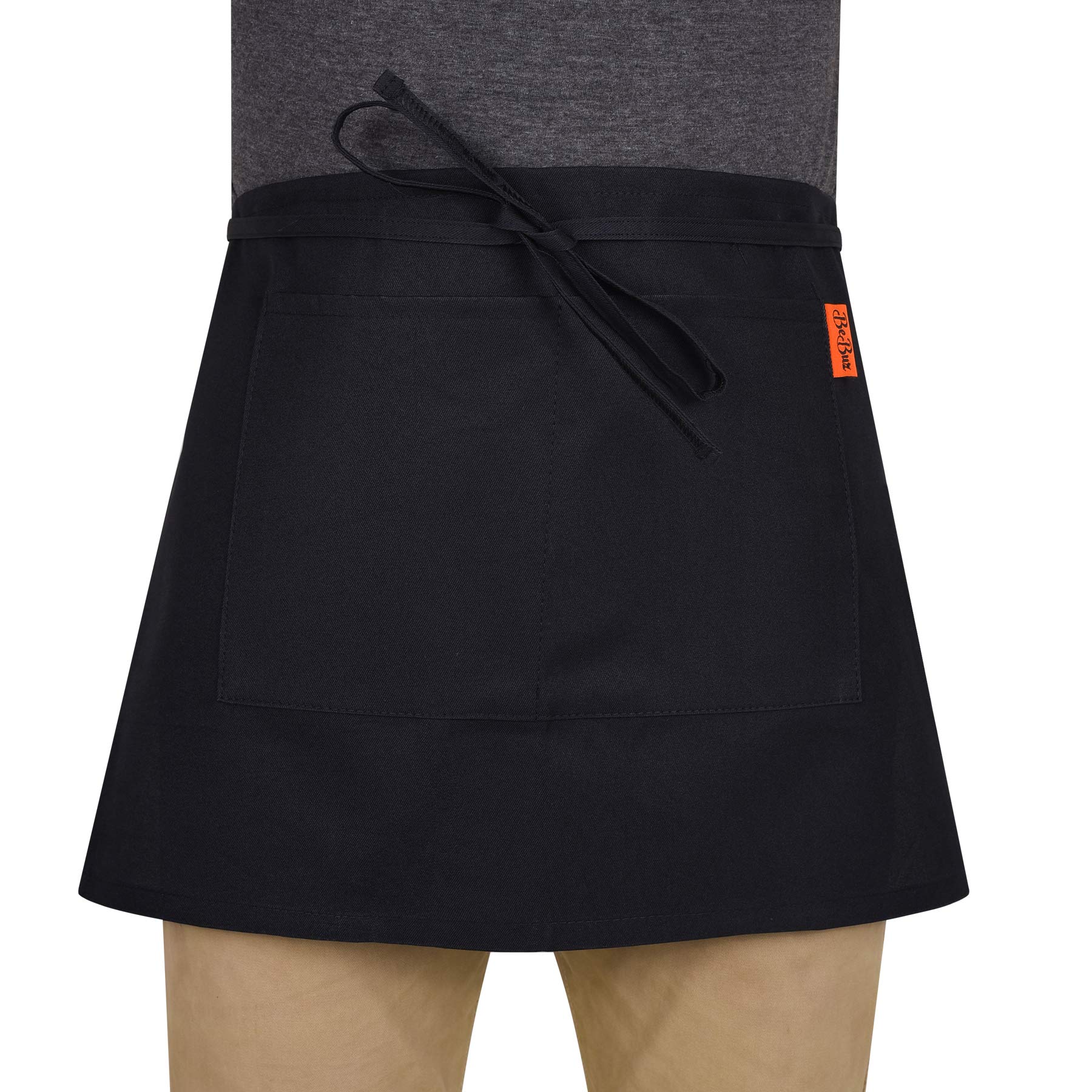 Delantal de cintura, delantales de camarero negro con 2 bolsillos, para bistró, restaurante, jardinería, medio delantal para hombres y mujeres, Negro, Taille unique