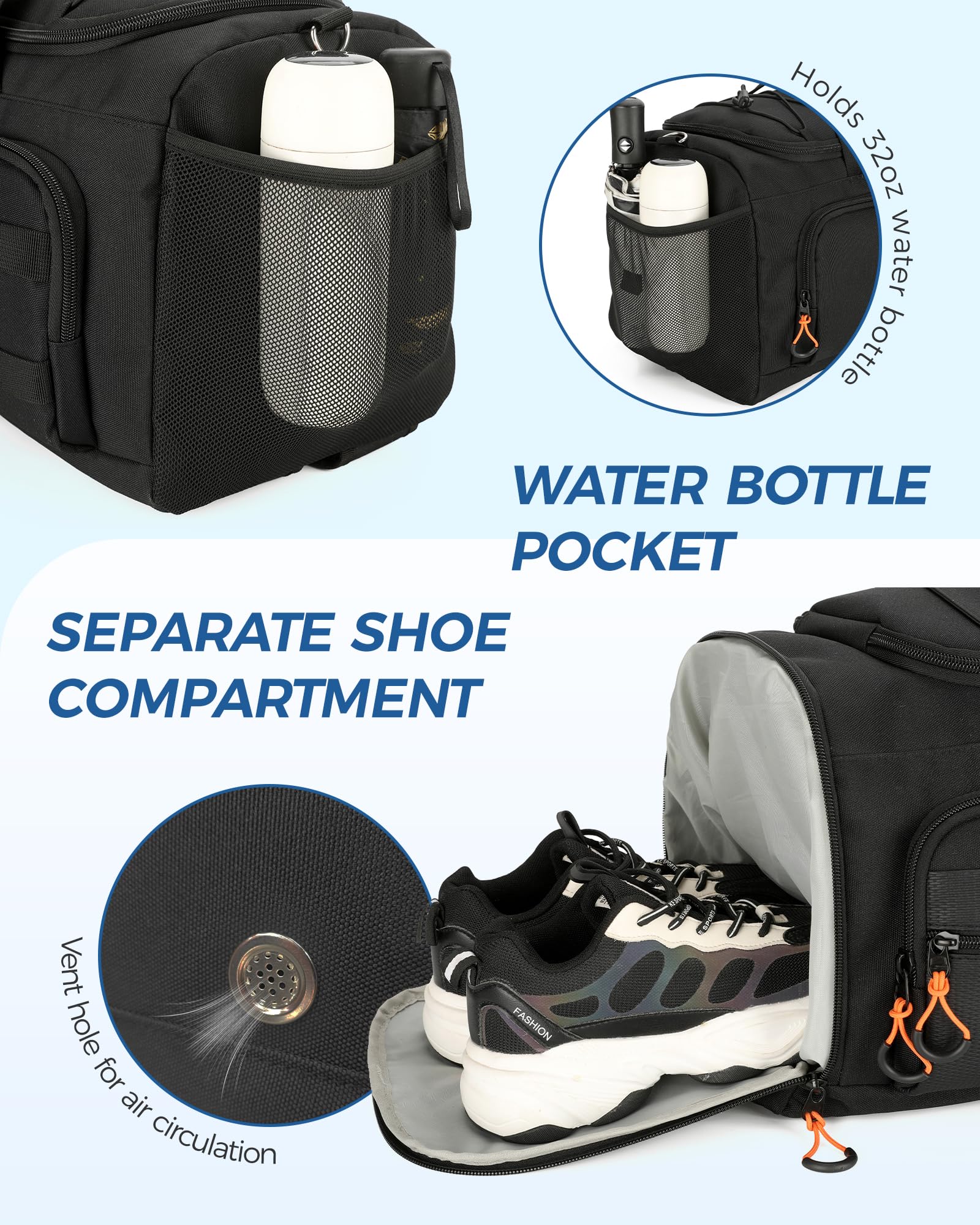 Searock 45L Turnbeutel für Herren, 3-in-1 Seesack Rucksack für Reisen, Sport-Seesack für Fitnessstudio, Wochenend-Übernachtungstasche mit Schuhfach, Nassfach, Schwarz, 22 inch, Fitnessstudio