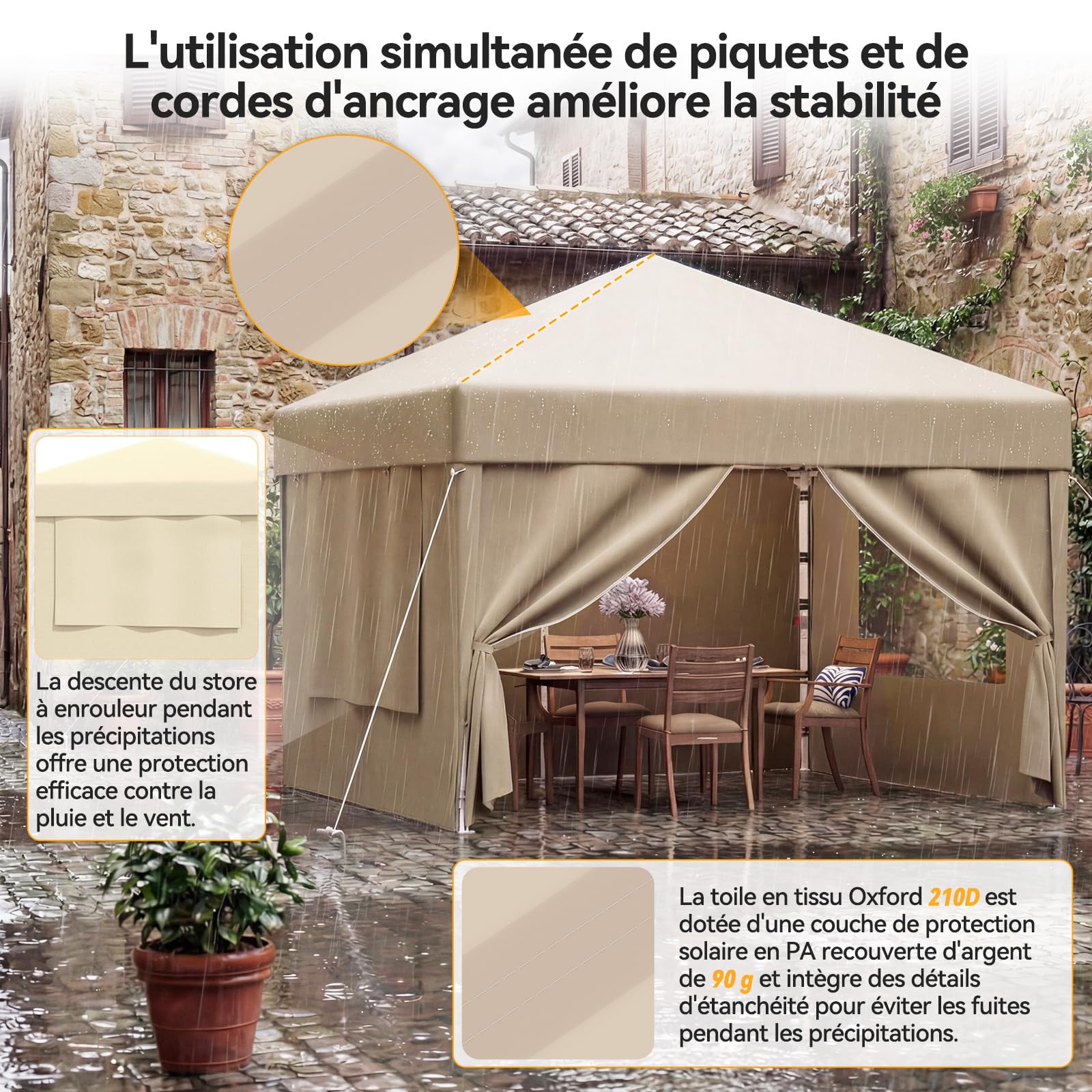 JUMMICO Tonnelle Pliante 3x3m avec Moustiquaire Aérée Anti-Insectes｜Robuste et Durable｜Imperméable et Anti-UV｜Installation et Rangement Rapides｜Idéale pour Cour, Balcon, Camping et Plus Encore｜Beige