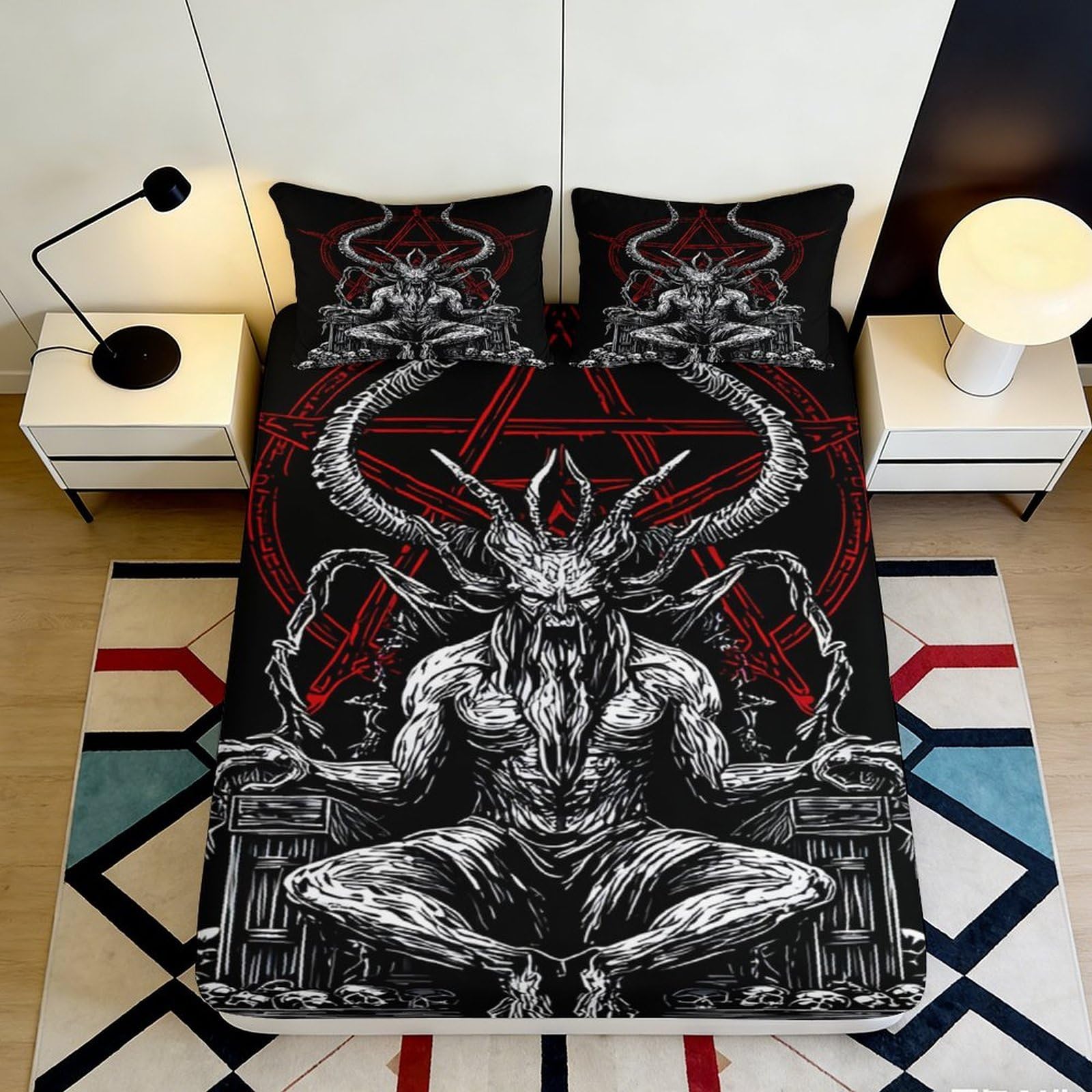 3D Printed Dark Occult Fitted Sheet Microfiber Soft Breathable Black Red Pentagram Bed Cover for Bedroom Dormitory Guest Room Mattress Protection Decor 180x200x25cm