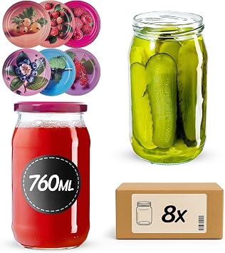 KADAX Preserving Jars 760 ml TO82 Large Preserving Jars with Screw Lid Preserving Jars Fermenting Jar for Cucumbers Vegetables Sourdough Berry Fruits Pack of 8