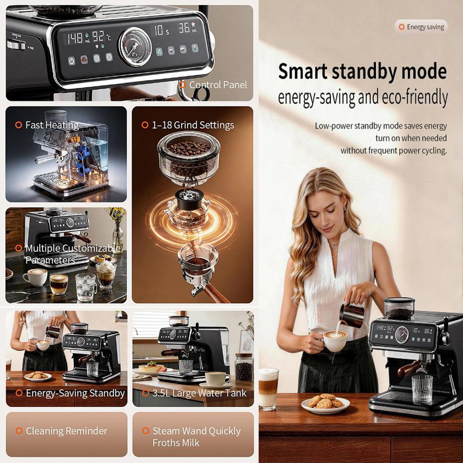 Molinillo de café y cafetera, máquina de Espresso de 20 Bares, ajustes de Temperatura y Volumen, Pantalla táctil LCD, para Baristas caseros o para Preparar Lattes y capuchinos.