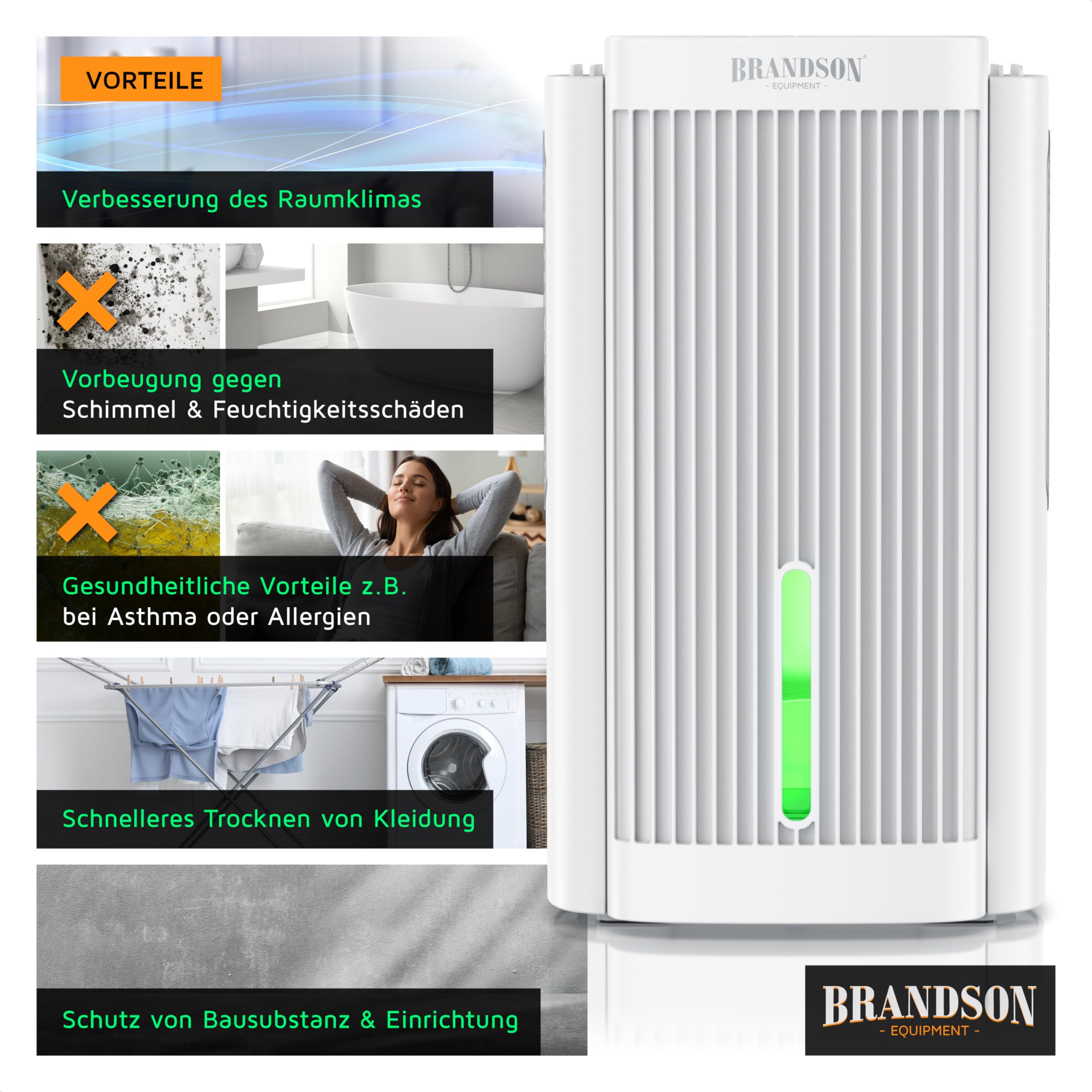 Brandson - Deshumidificador eléctrico - Deshumidificador - pequeño y silencioso - 2000 ml - Cocina Dormitorio Oficina Garaje