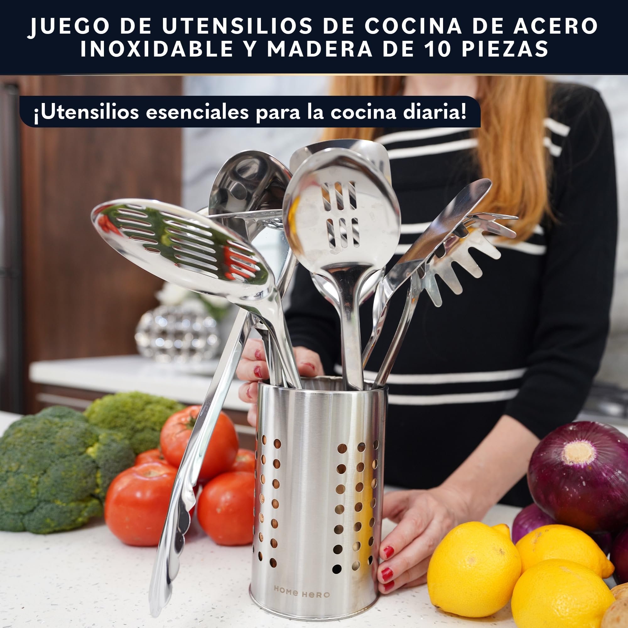 Home Hero Juego de utensilios de cocina de acero inoxidable Home Hero - Antiadherentes y duraderos - Utensilios y gadgets de cocina metálicos resistentes al calor (10 piezas - Madera y Plata)