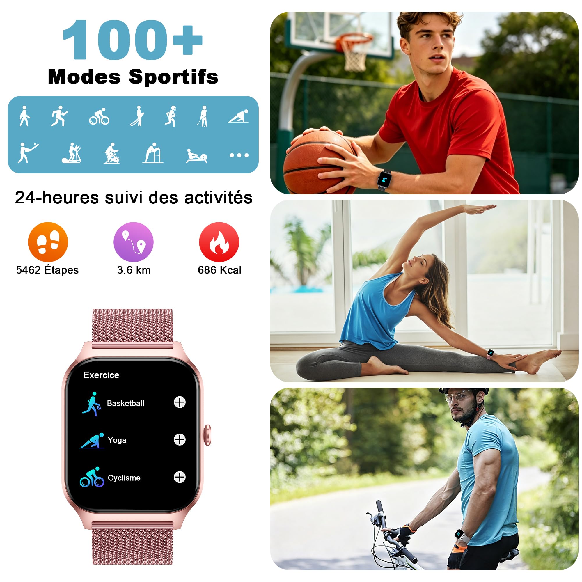LODIMEKE Montre Connectée Tension Artérielle pour Samsung Apple Xiaomi Phone, 1.85" Smartwatch Homme Femme avec Appel Bluetooth, Fréquence Cardiaque, Stress, Sommeil, Podomètre, 100+ Sports, Cadeau