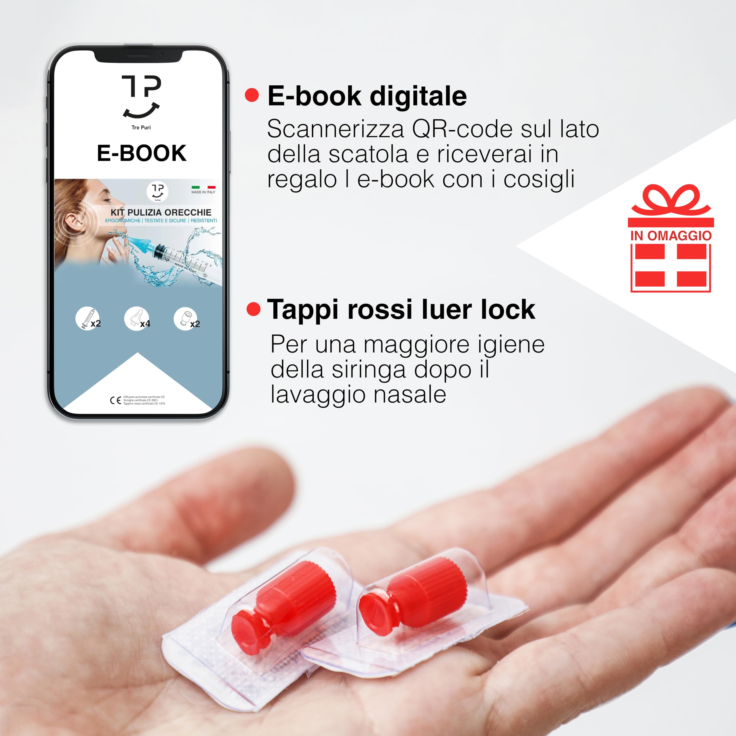 TRE PURI® Pulizia Orecchie per Adulti Made in Italy – Set Pulisci Orecchie – Kit Professionale Siringhe e Coni Orecchie Morbidi per Soluzione Fisiologica – Tappini e E-book OMAGGIO