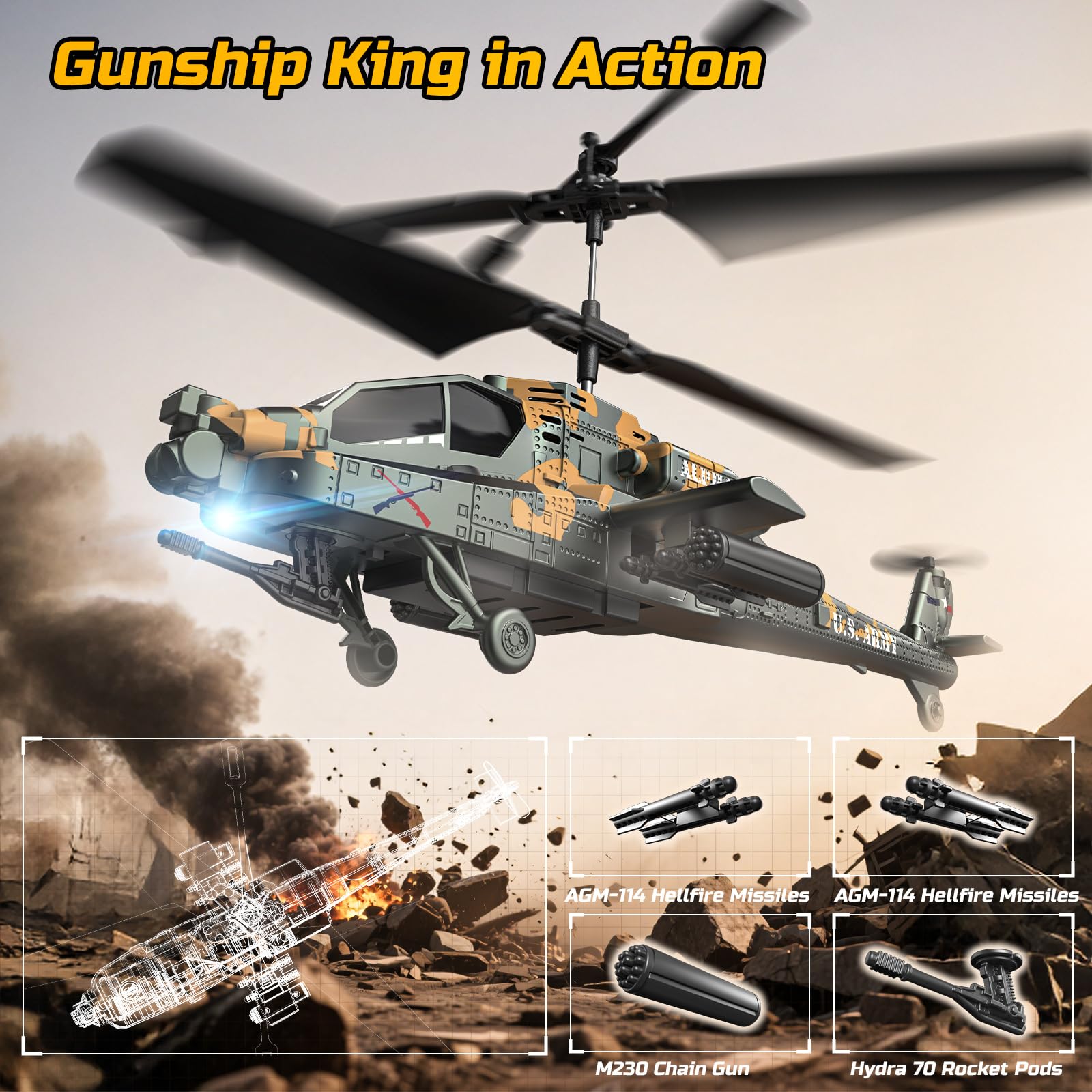 DEERC Helicóptero RC para Adultos y niños, helicóptero Militar Control Remoto 2.4 GHz, 2 baterías, 26 Minutos de Vuelo, Luces LED, retención altitud, despegue con una Sola tecla, Apto para Interiores