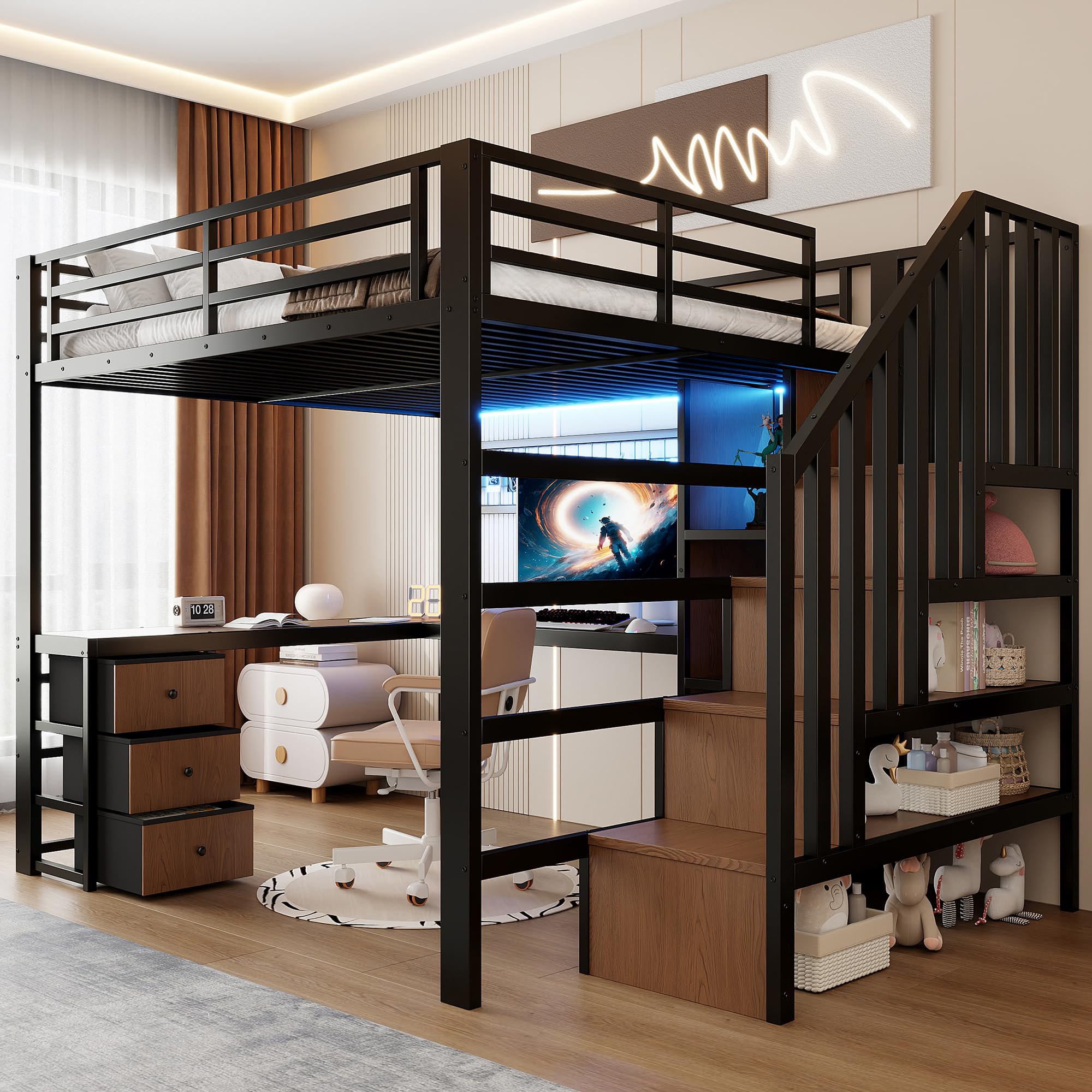 Soweiz Letto a soppalco con scrivania, telaio in ferro, 4 cassetti, griglia per appendere oggetti, con striscia luminosa a LED, scala di stoccaggio, senza materasso (nero, 140 x 200 cm)