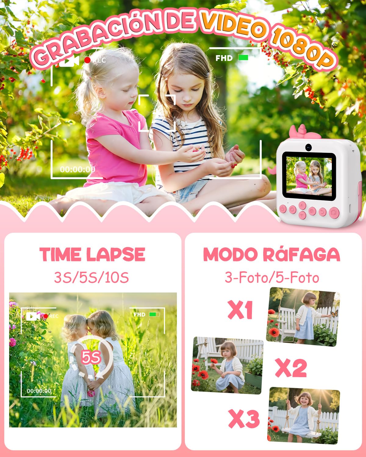 ElecMoga Camara Fotos Infantil Instantanea, 2.4'' HD 1080P Camara Digital para Niños con Tarjeta 32 GB y Papel Fotográfico, Zoom 16x Cámara Instantánea Color, Regalos Juguete para Niños de 3 a 12 Años